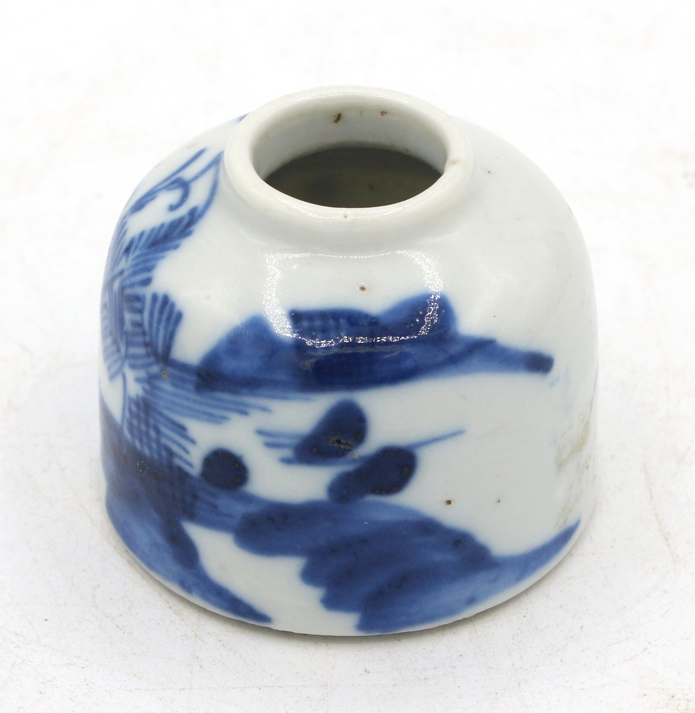Circa 1860 Chinese blue & white domed form brush washer. Porcelain. From the Qing Dynasty artist or scholar's table. Landscape decoration.
2