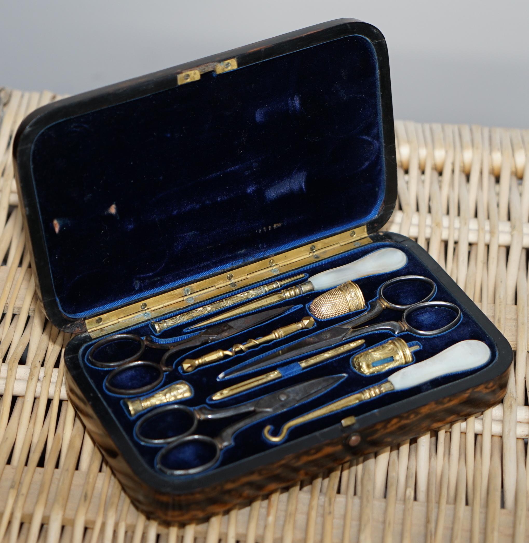 Coromandel Wood Gold Gilt Etui Sewing Kit Asprey Pencil Shell Cameos, circa 1860 4