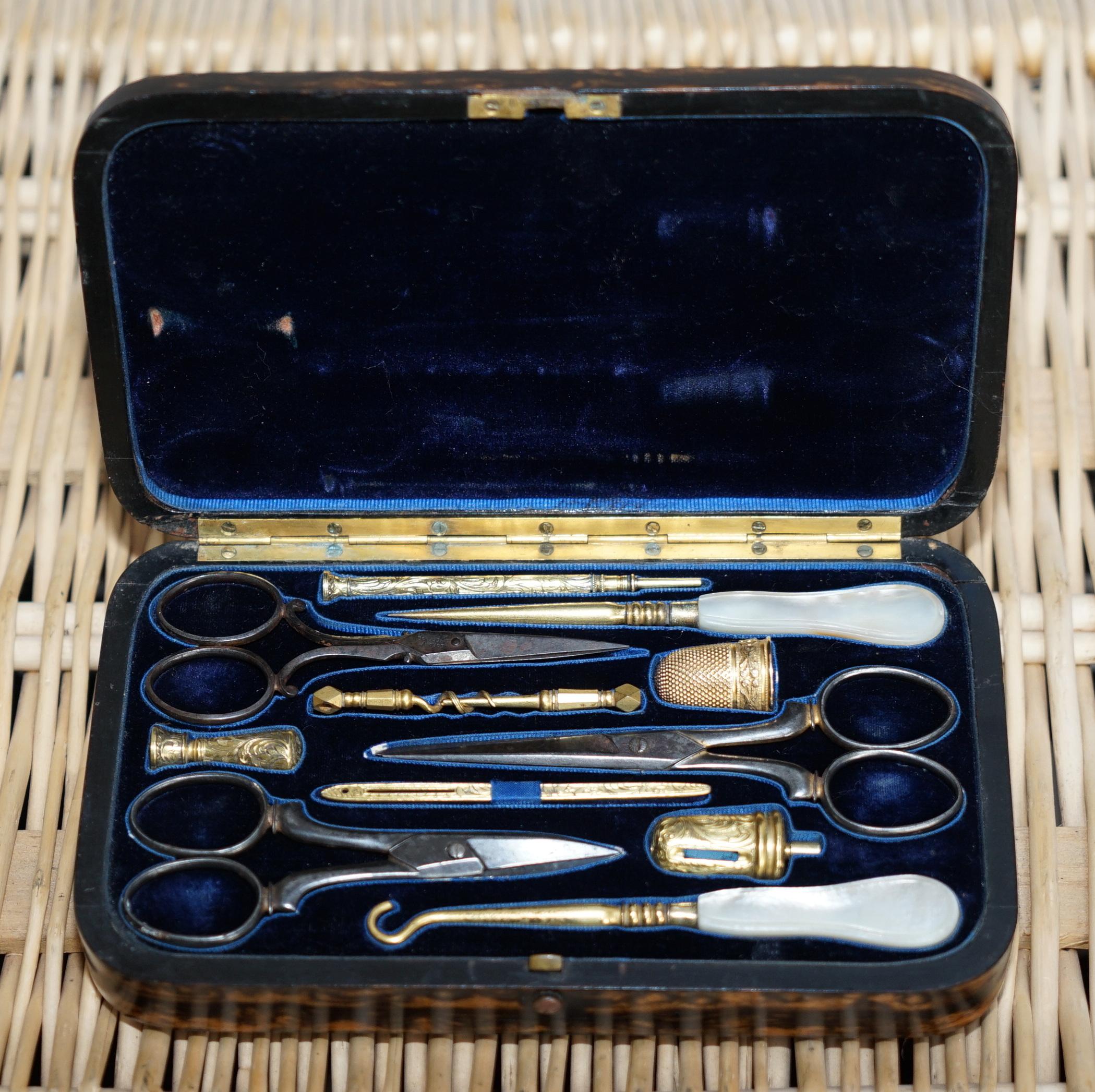 Coromandel Wood Gold Gilt Etui Sewing Kit Asprey Pencil Shell Cameos, circa 1860 5