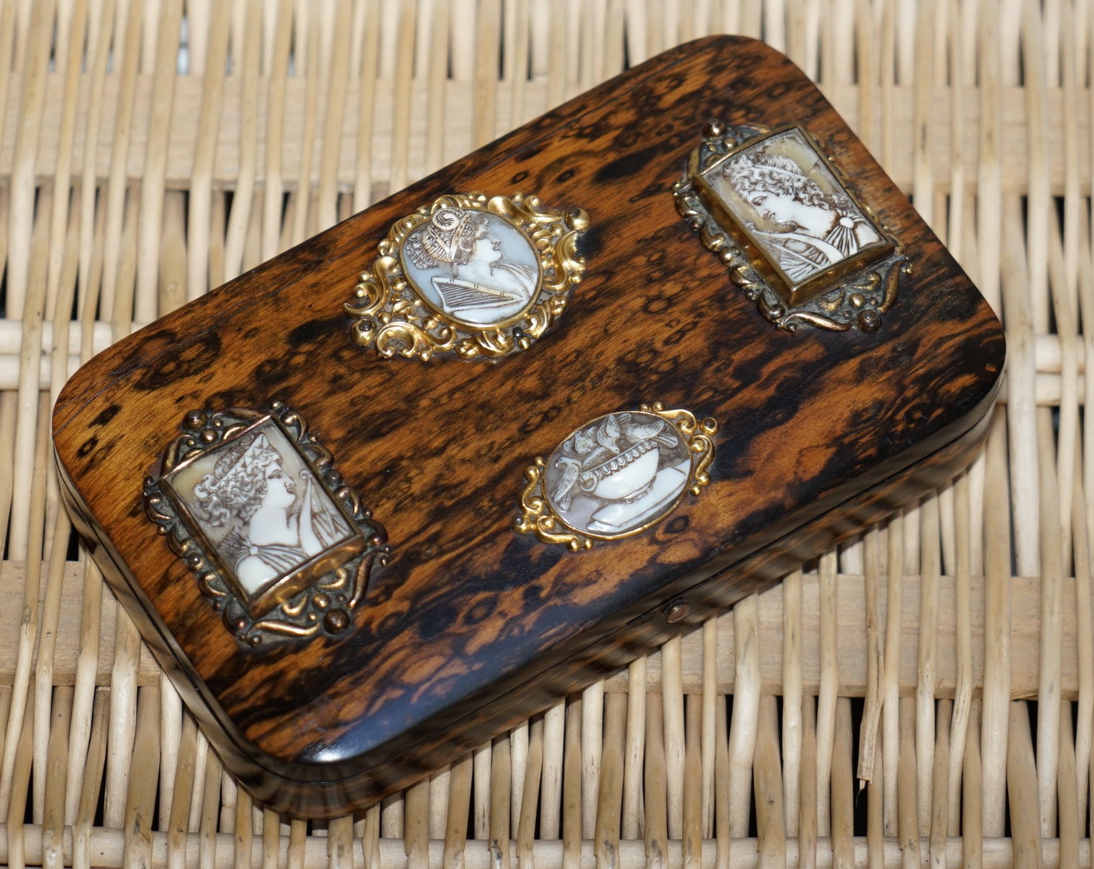 We are delighted to offer for sale this very rare circa 1860 Coromandel wood gold gilt Etui sewing kit with Asprey pencil and shell cameos

A very ornately engraved and extremely high quality mid-19th century Coromandel veneered Etui, the case of