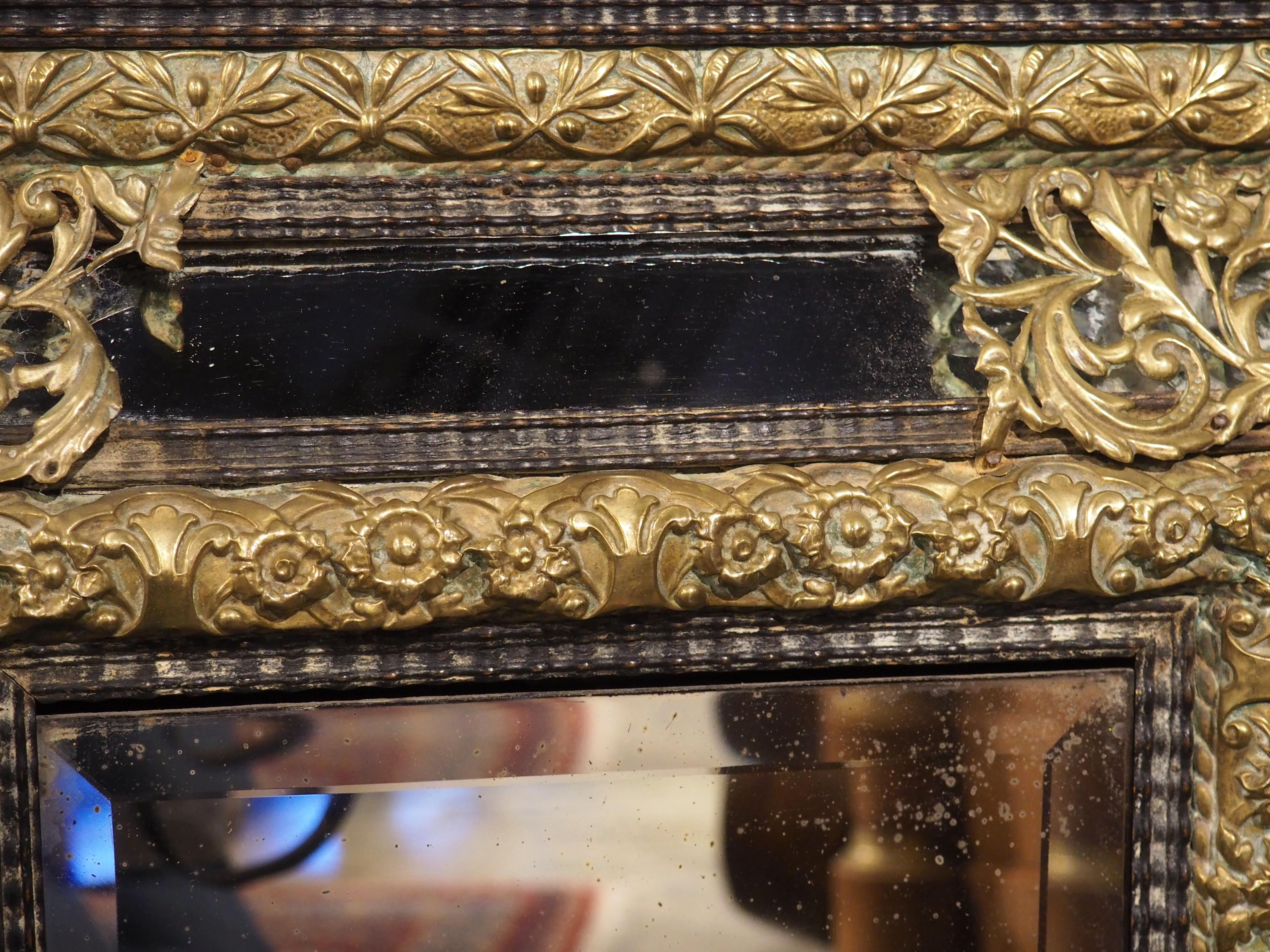 Circa 1860 Ebonized and Brass Repousse Louis XIV Style Parclose Mirror For Sale 3