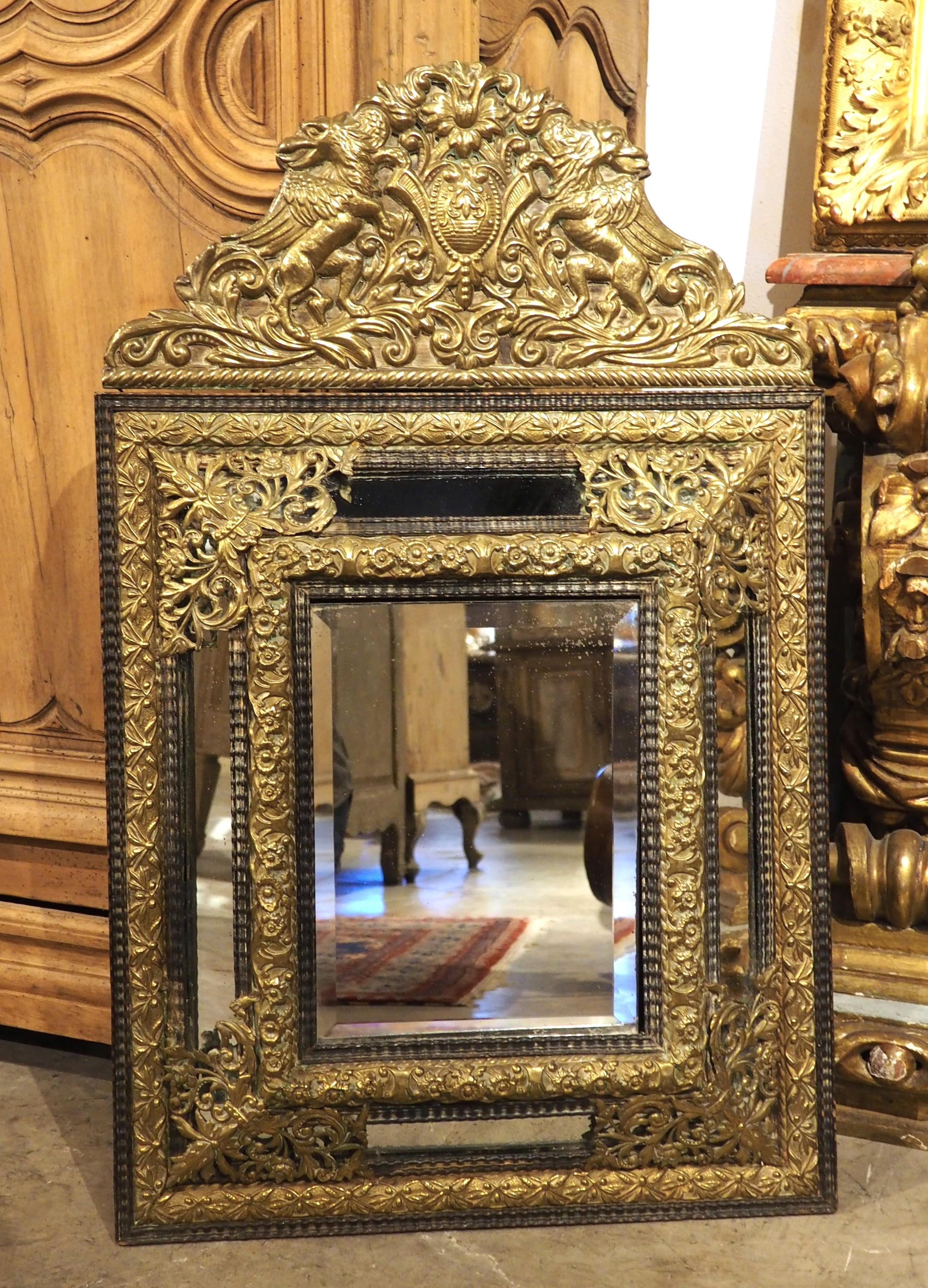 Circa 1860 Ebonized and Brass Repousse Louis XIV Style Parclose Mirror For Sale 5