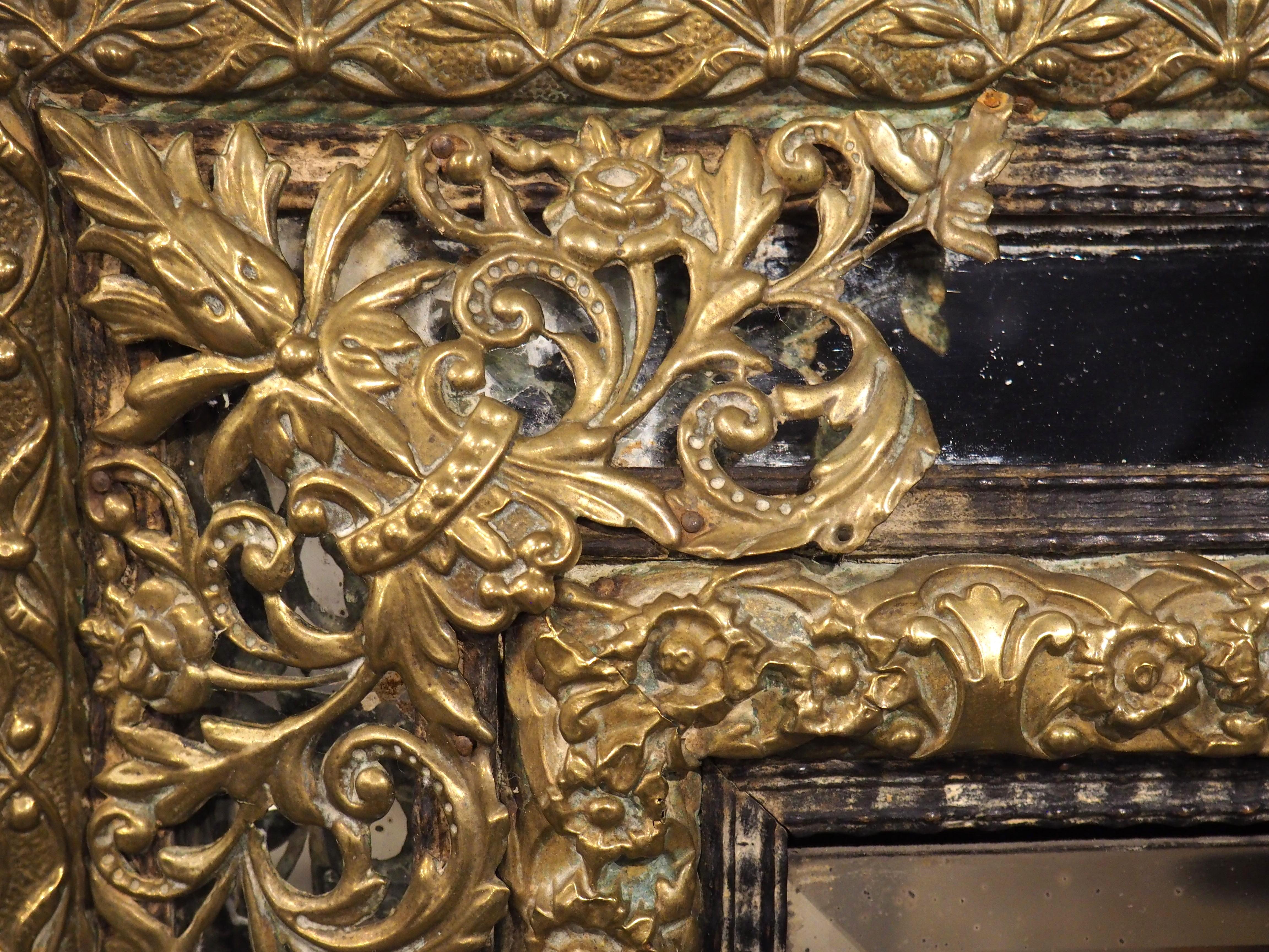 Circa 1860 Ebonized and Brass Repousse Louis XIV Style Parclose Mirror For Sale 8