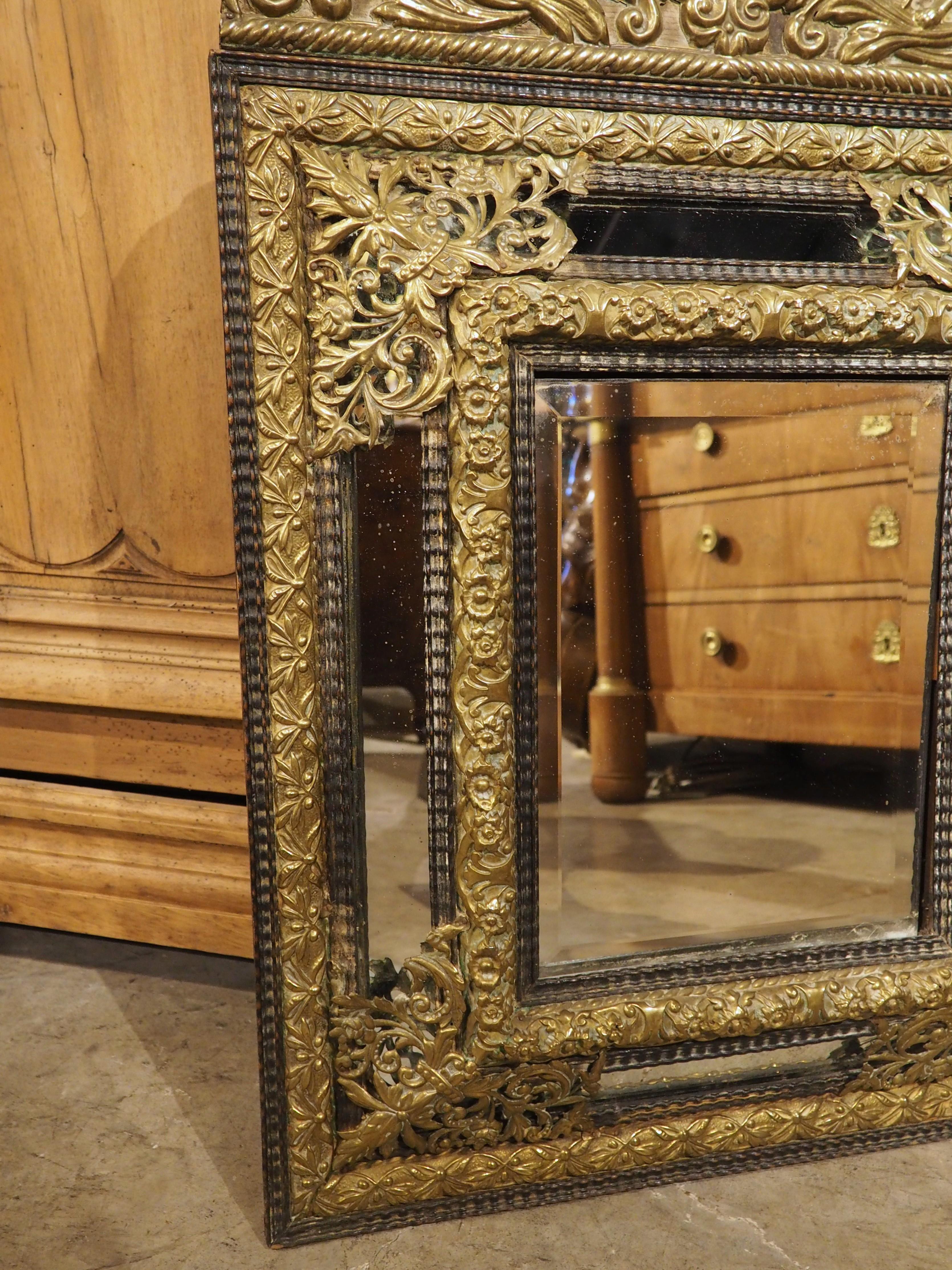 Circa 1860 Ebonized and Brass Repousse Louis XIV Style Parclose Mirror For Sale 9