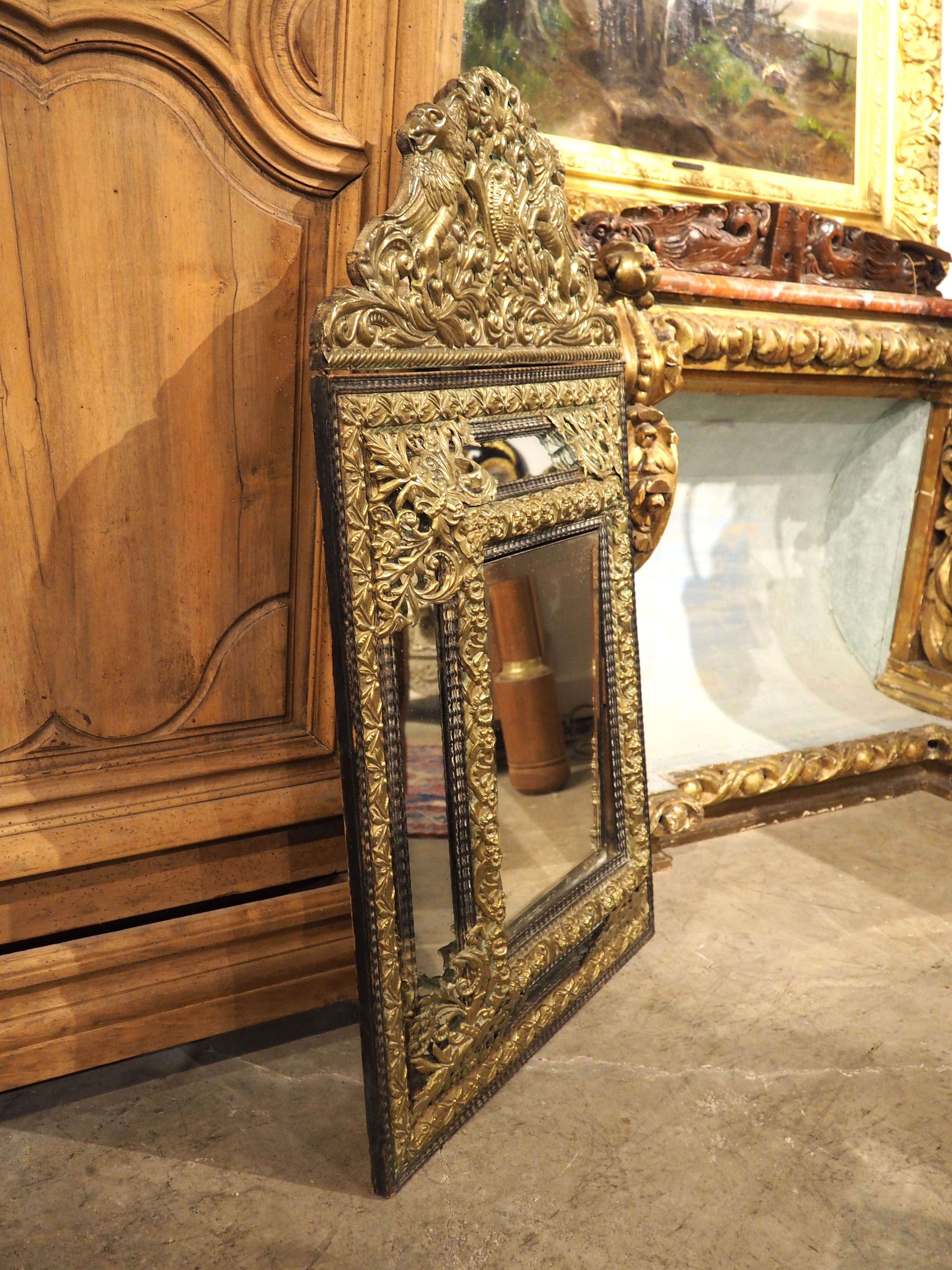 Circa 1860 Ebonized and Brass Repousse Louis XIV Style Parclose Mirror For Sale 10