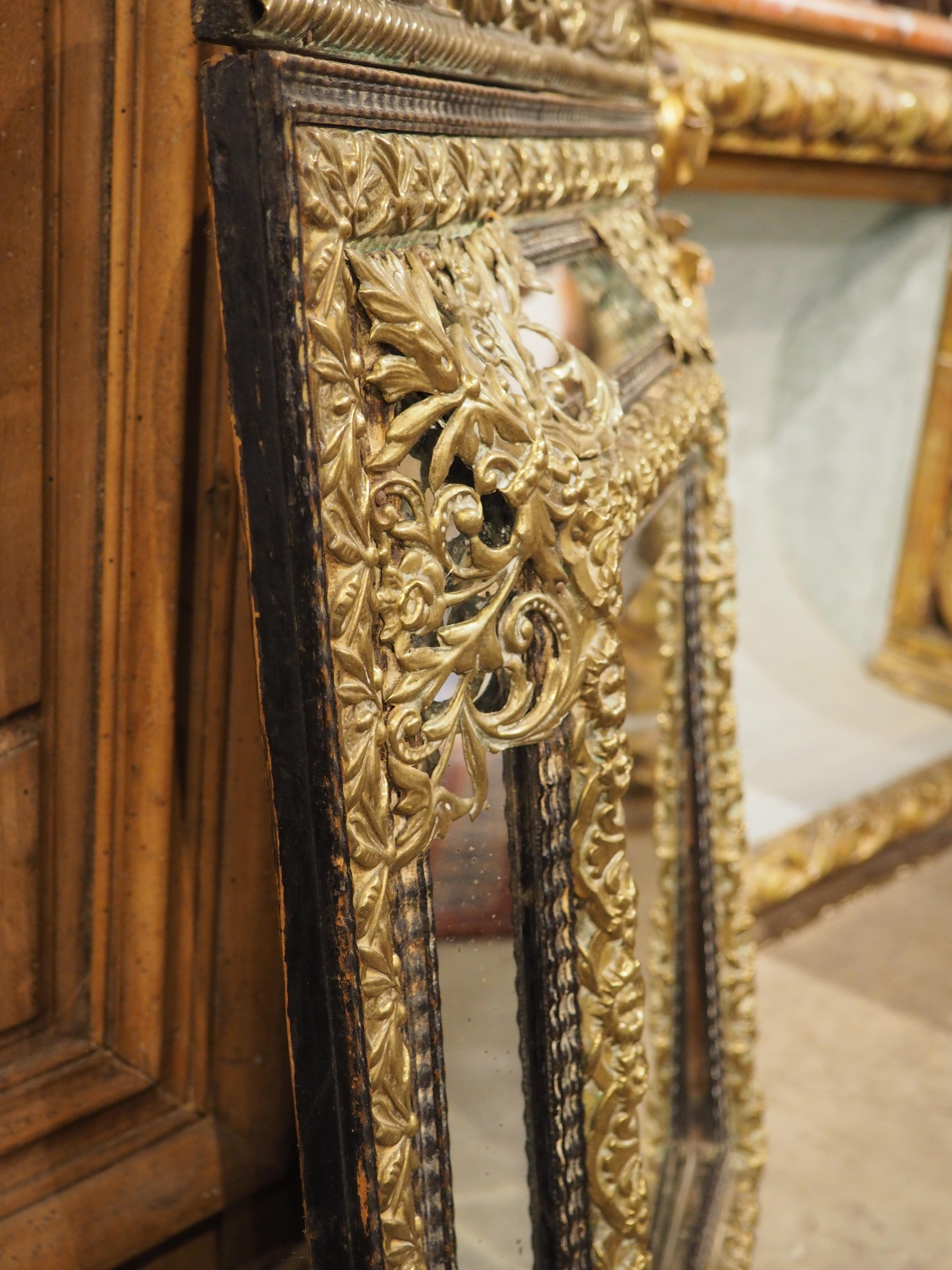 Circa 1860 Ebonized and Brass Repousse Louis XIV Style Parclose Mirror For Sale 11