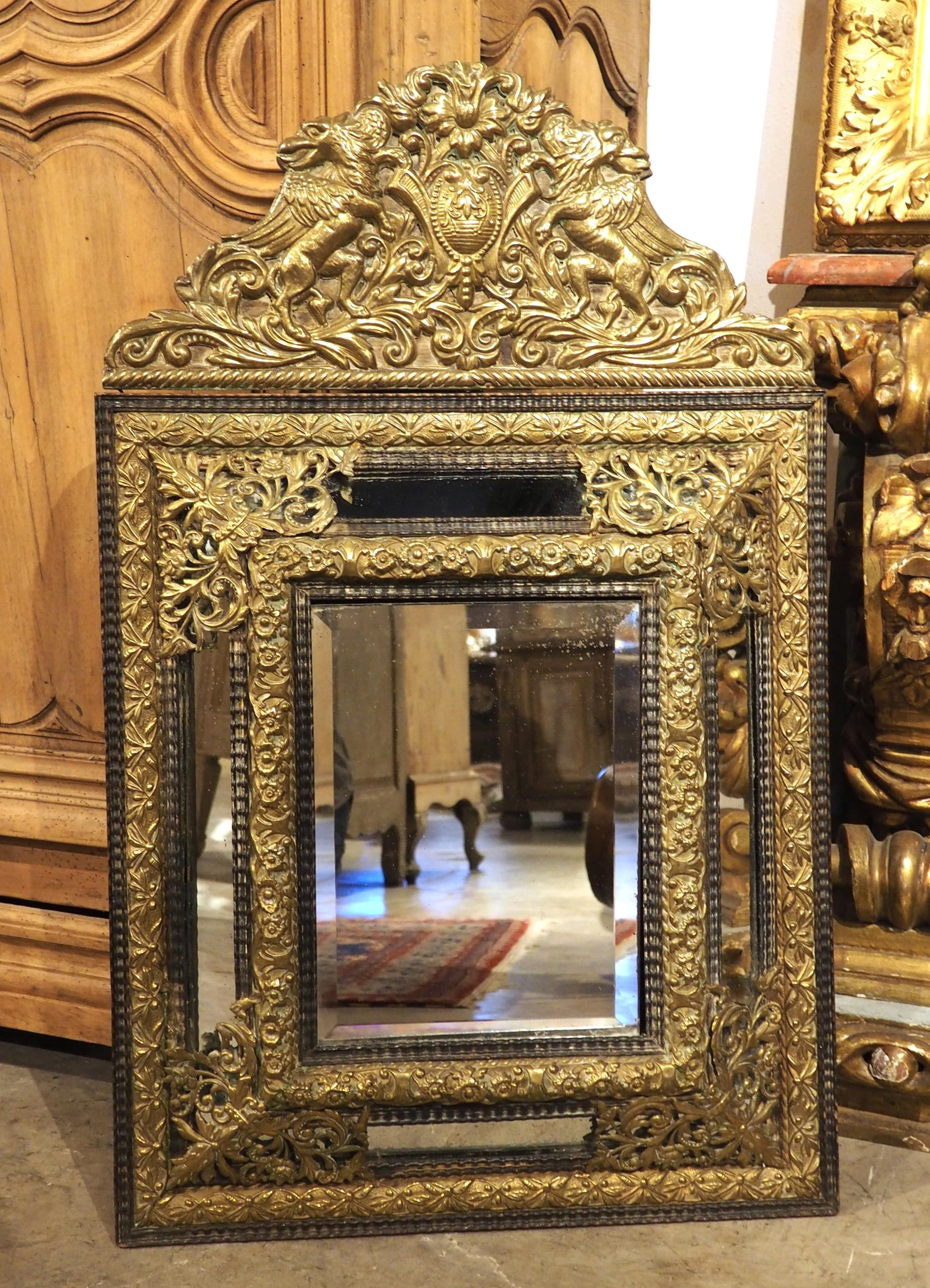 Circa 1860 Ebonized and Brass Repousse Louis XIV Style Parclose Mirror For Sale 13