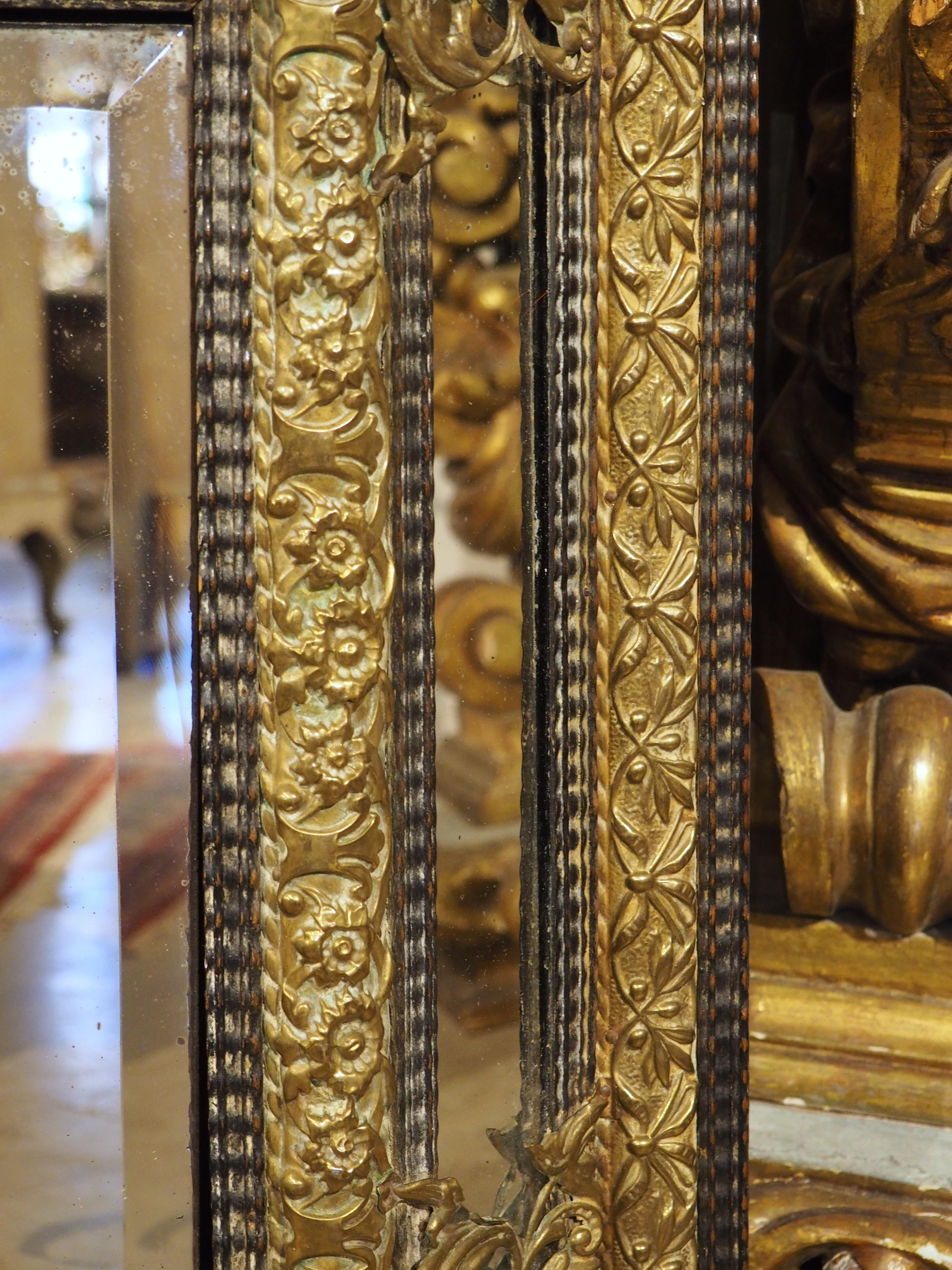 Circa 1860 Ebonized and Brass Repousse Louis XIV Style Parclose Mirror For Sale 1