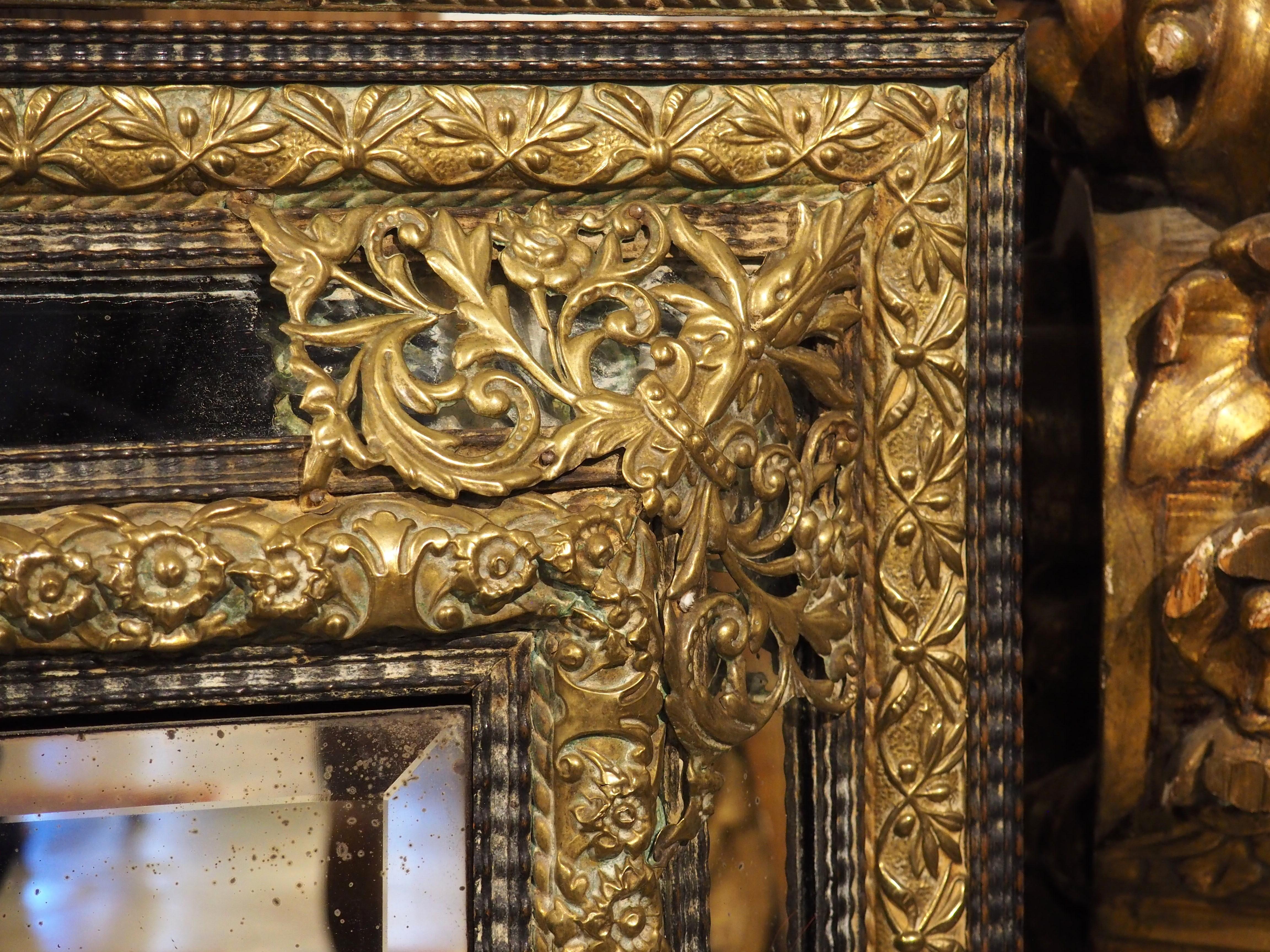Circa 1860 Ebonized and Brass Repousse Louis XIV Style Parclose Mirror For Sale 2