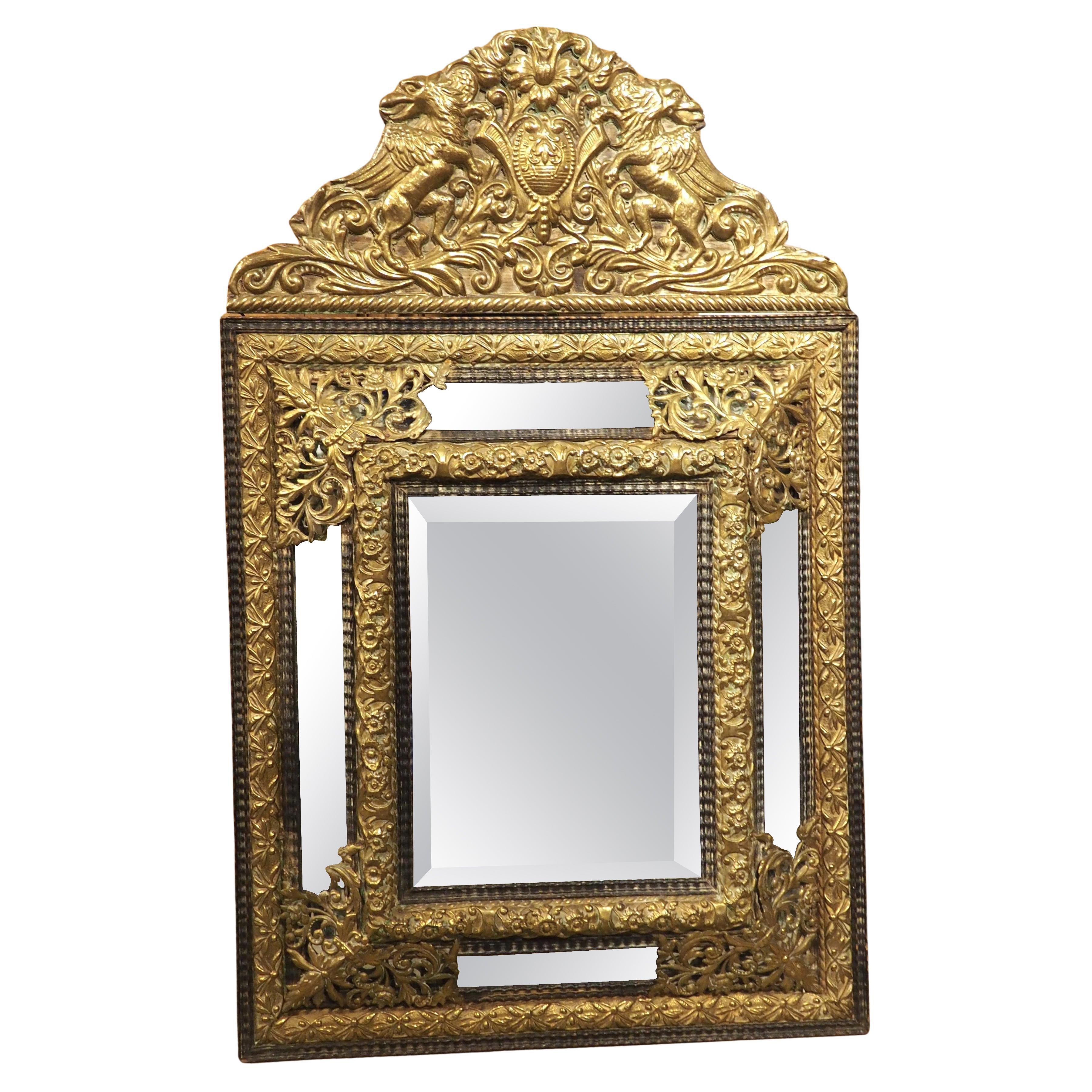 Circa 1860 Ebonized and Brass Repousse Louis XIV Style Parclose Mirror For Sale
