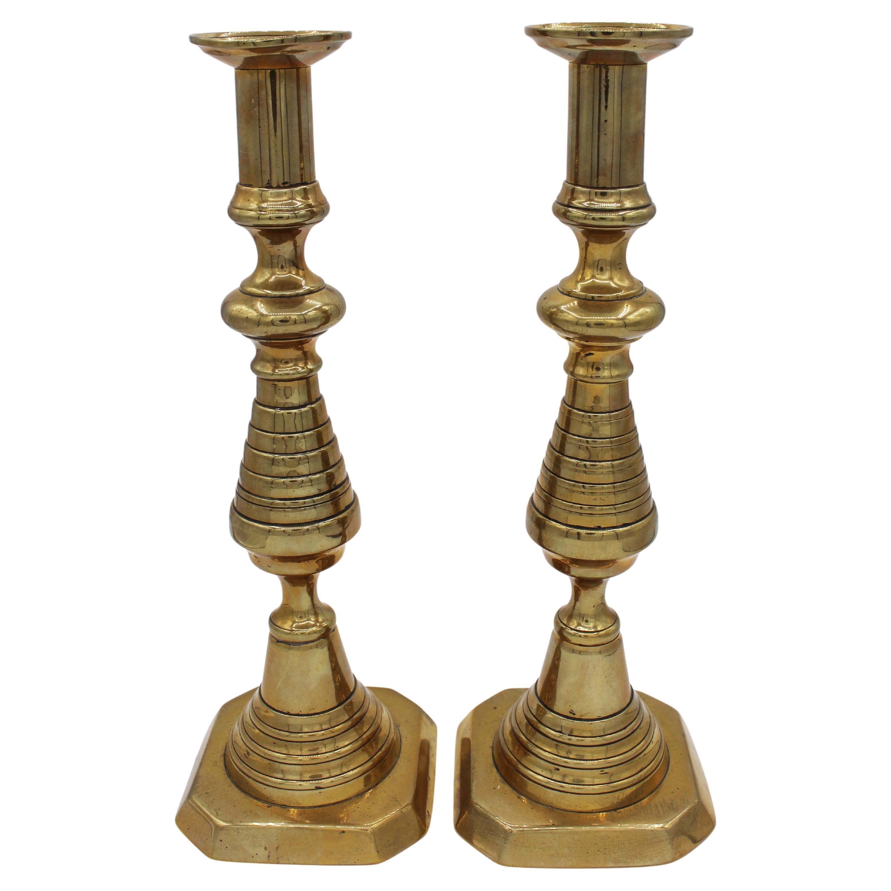 Circa 1860 English Brass Candlesticks, a Pair For Sale