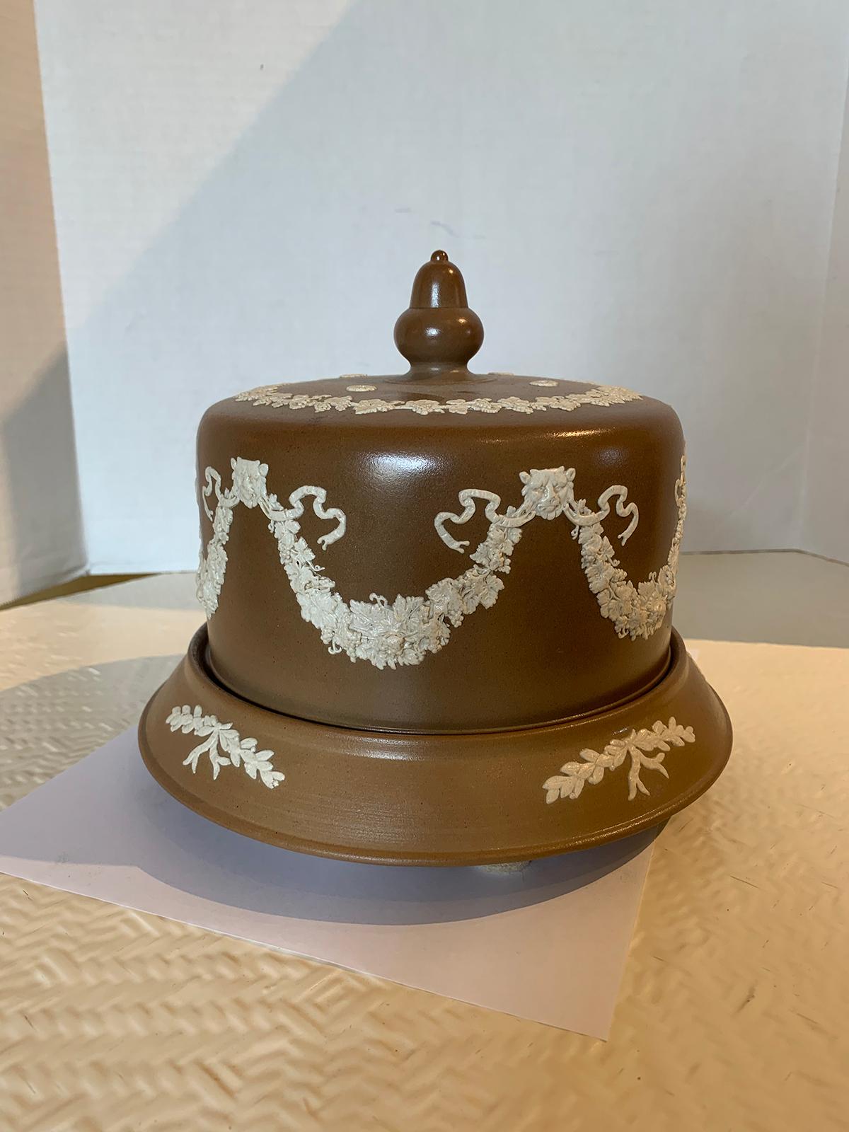 19th century circa 1860 English brown and white Jasperware cheese dome by Dudson Stilton in the style of Wedgwood.