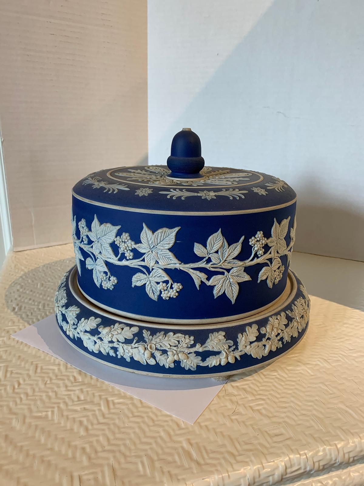 19th century circa 1860 English cobalt and white Jasperware cheese dome by Dudson Stilton in the style of Wedgwood.