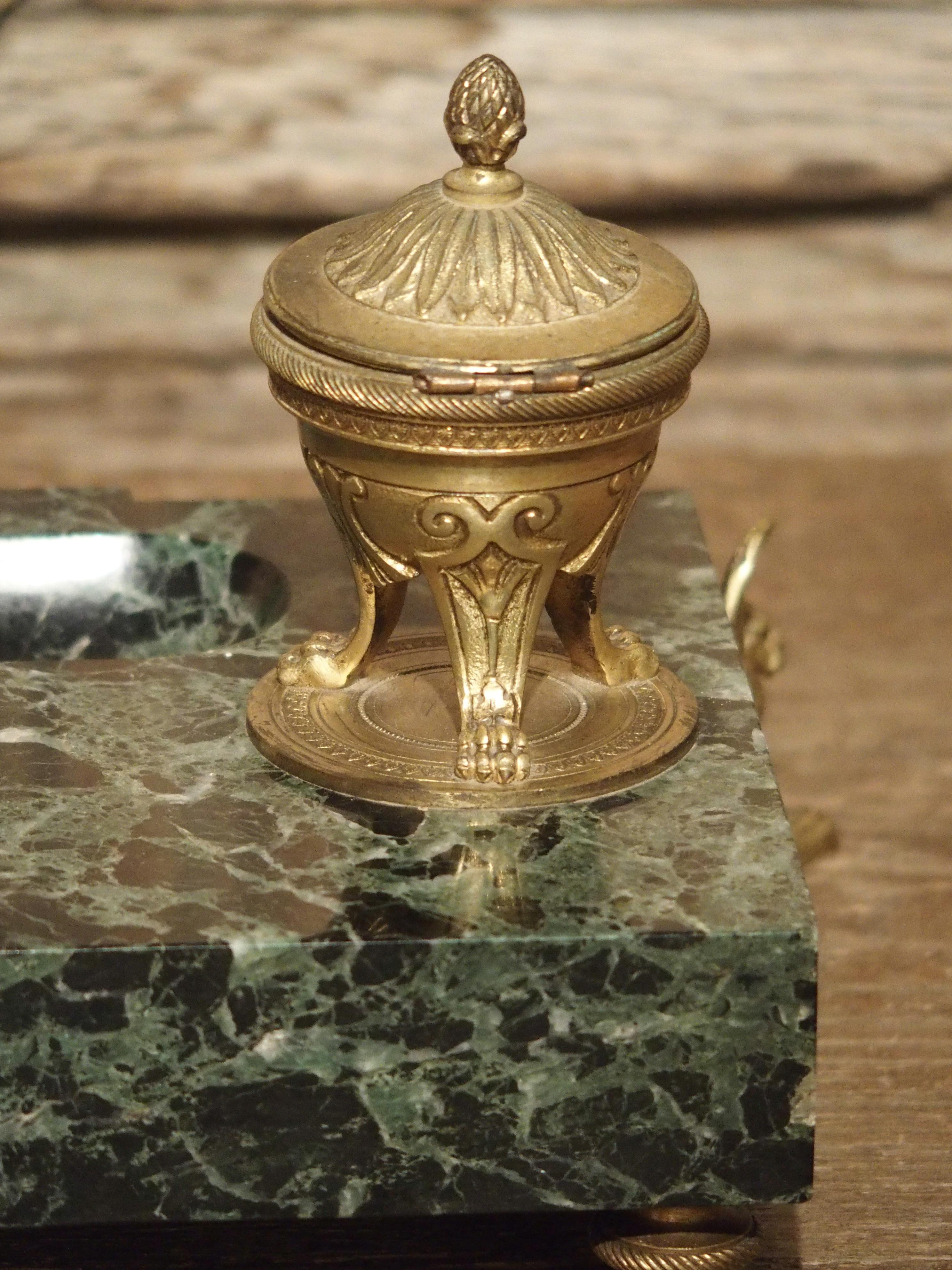 Glass French Empire Style Marble and Bronze Inkwell with Letter Opener, circa 1860