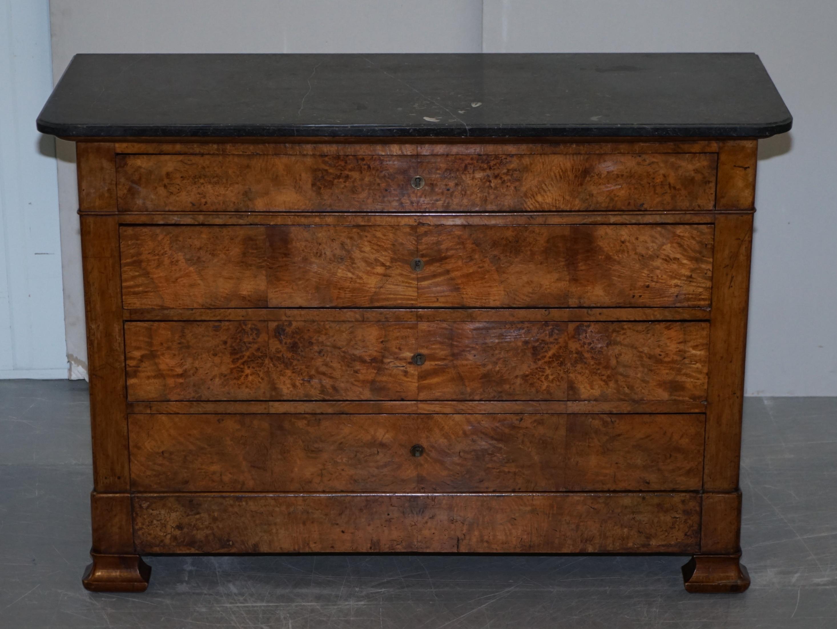 We are delighted to offer for sale this truly exquisite original circa 1860 Louis Philippe burr walnut commode in burr walnut with a fossil marble top

What a beautiful find, the timber patina is sublime, it has to be the most glorious cuts of