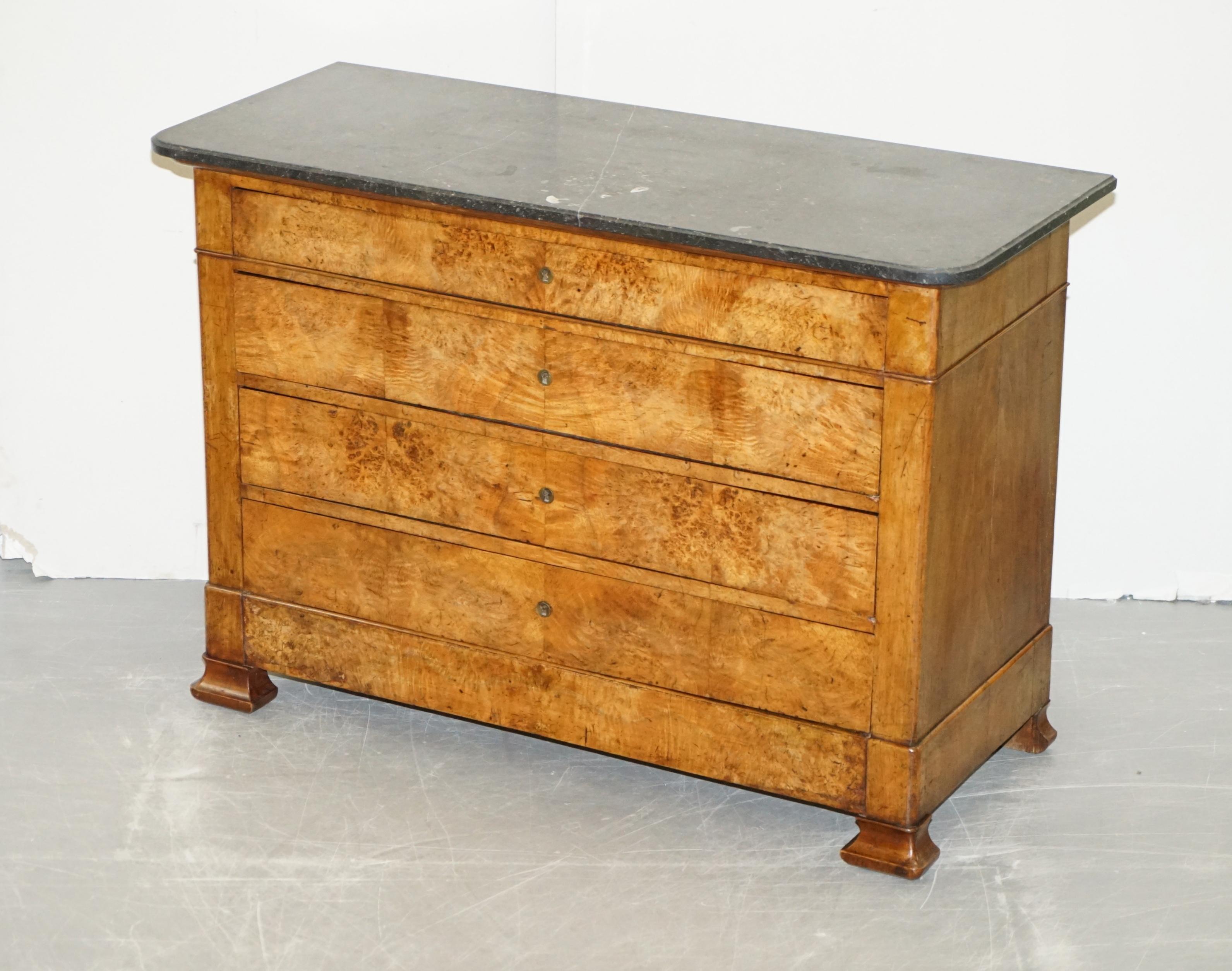 High Victorian Louis Philippe Burr Walnut & Fossil Marble Commode Chest of Drawers, circa 1860