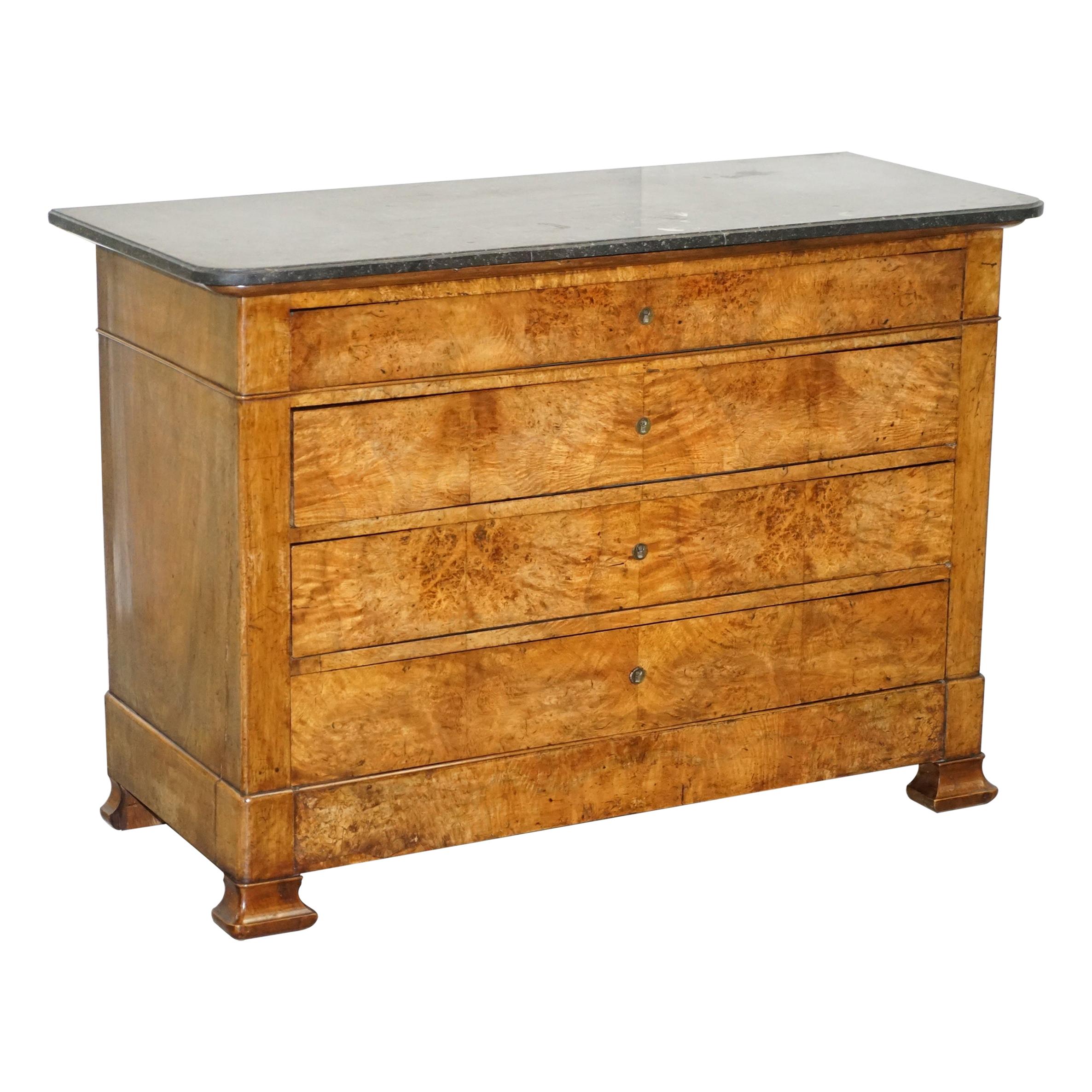 Louis Philippe Burr Walnut & Fossil Marble Commode Chest of Drawers, circa 1860