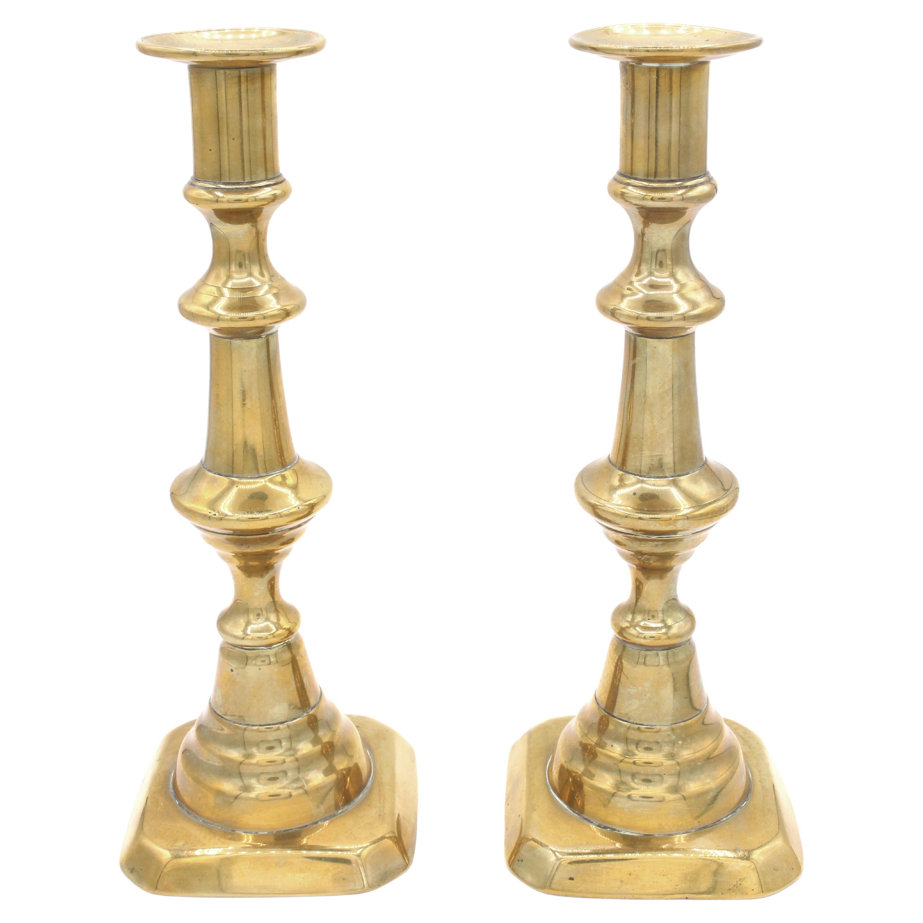 Circa 1860 Pair of English Brass Push-Rod Candlesticks For Sale