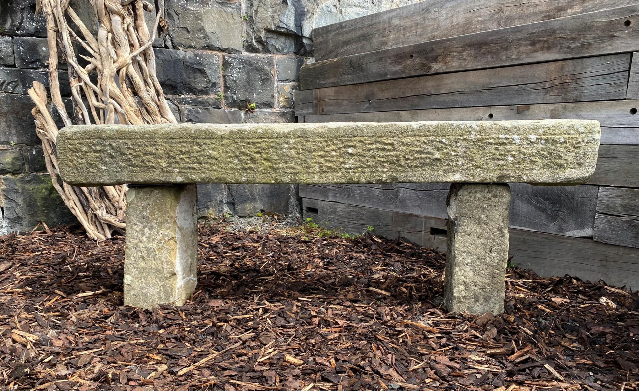 Welsh English Carved Stone Sandstone Garden Bench Seat Weathered Garden Feature 1860 For Sale