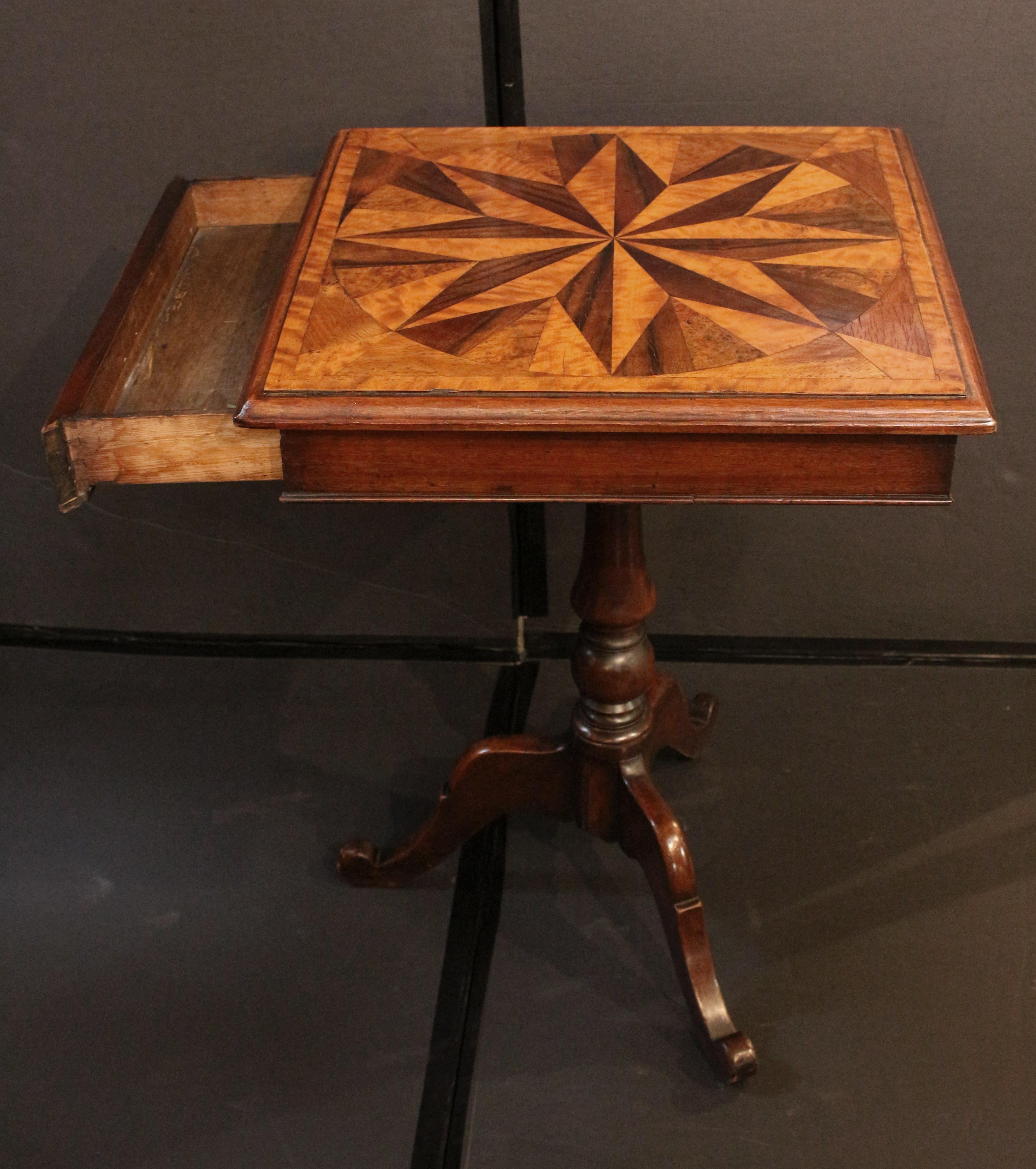 Circa 1860 Star Inlaid Top Side Table with Drawer, English In Good Condition For Sale In Chapel Hill, NC