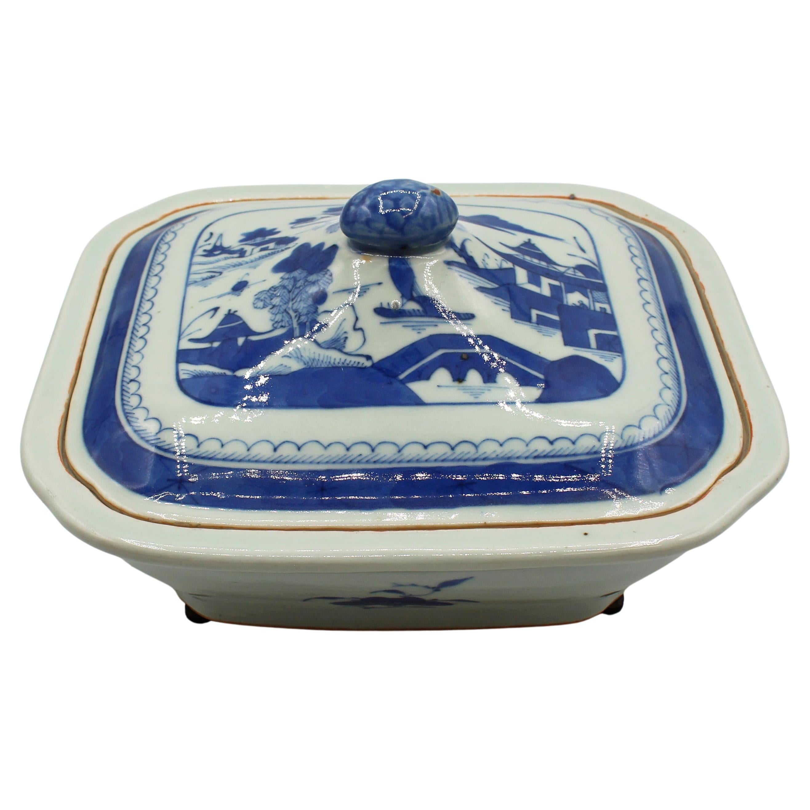 Circa 1860s Blue Canton Covered Vegetable Dish For Sale