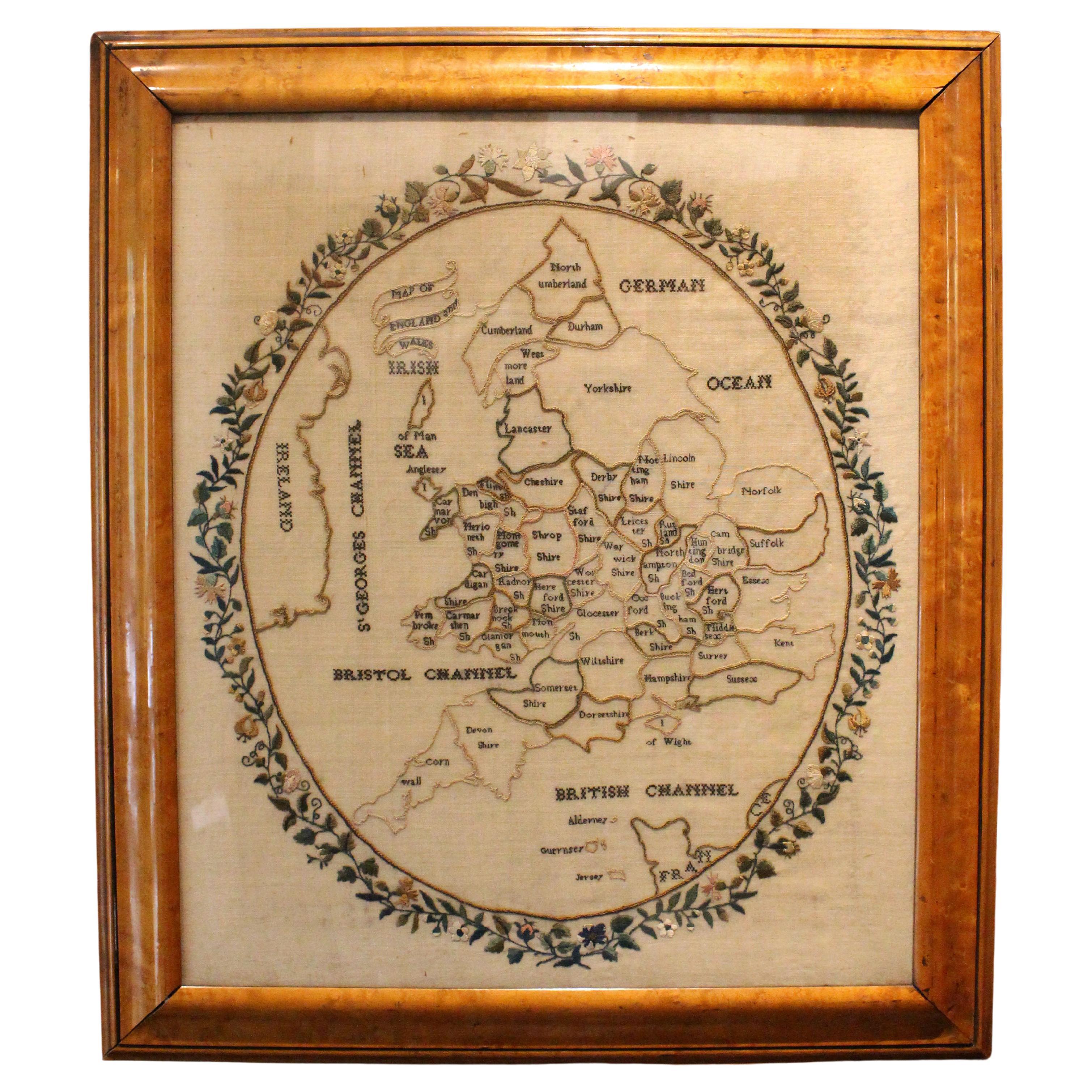 circa 1860s Embroidered Map of England and Wales For Sale at 1stDibs