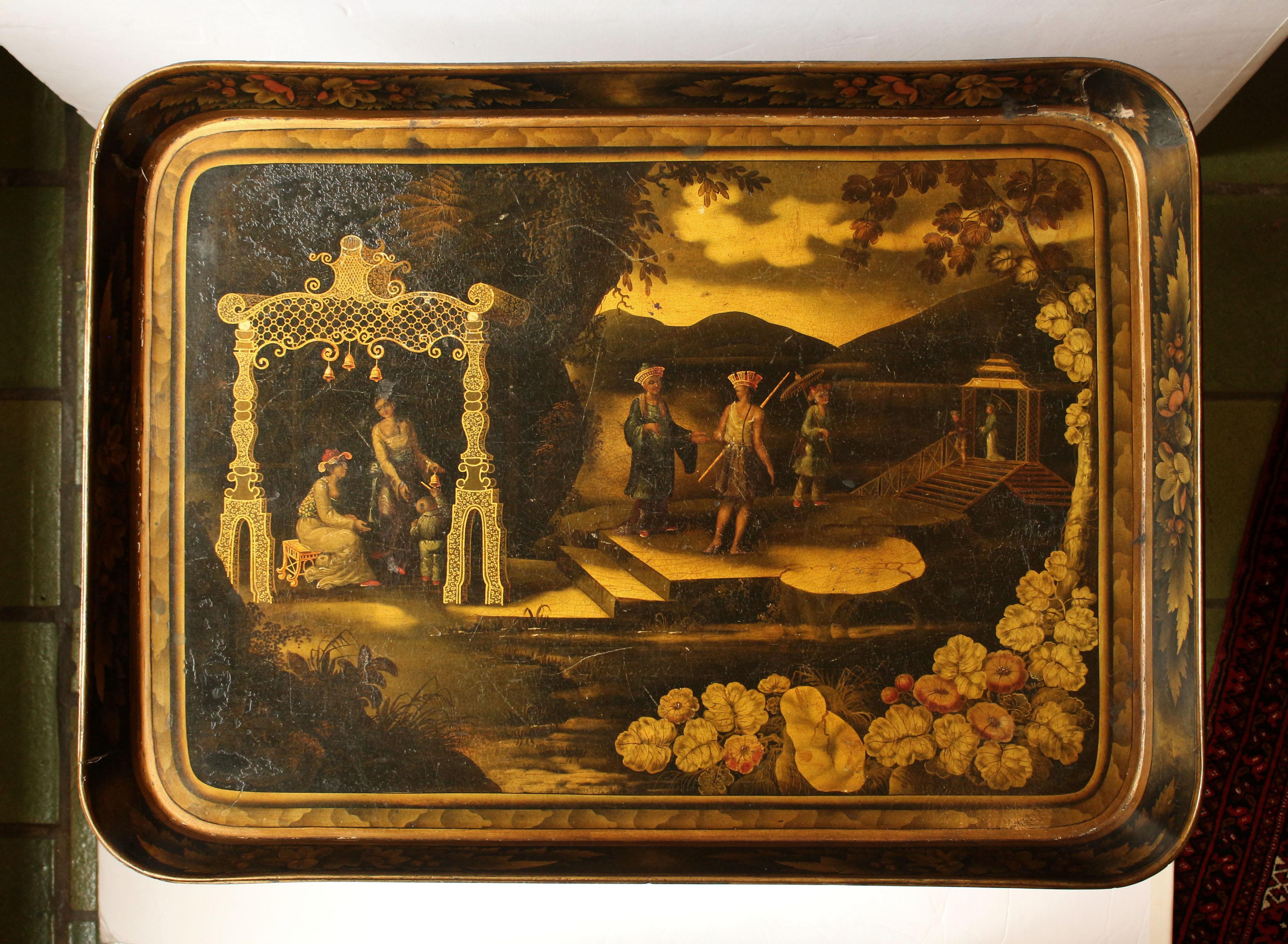 English circa 1860s Papier Mache Tray on Coffee Table Stand For Sale