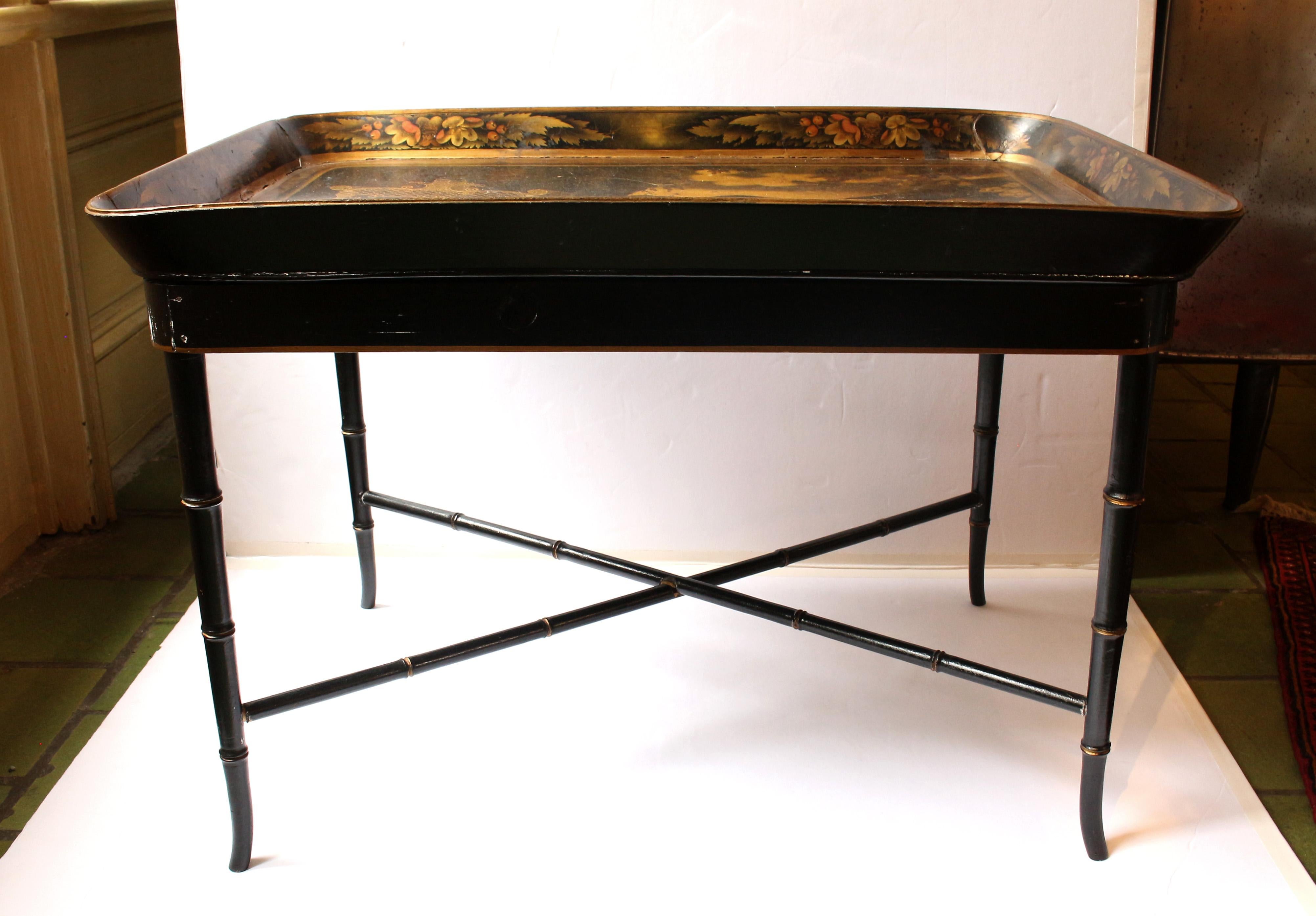circa 1860s Papier Mache Tray on Coffee Table Stand In Good Condition For Sale In Chapel Hill, NC