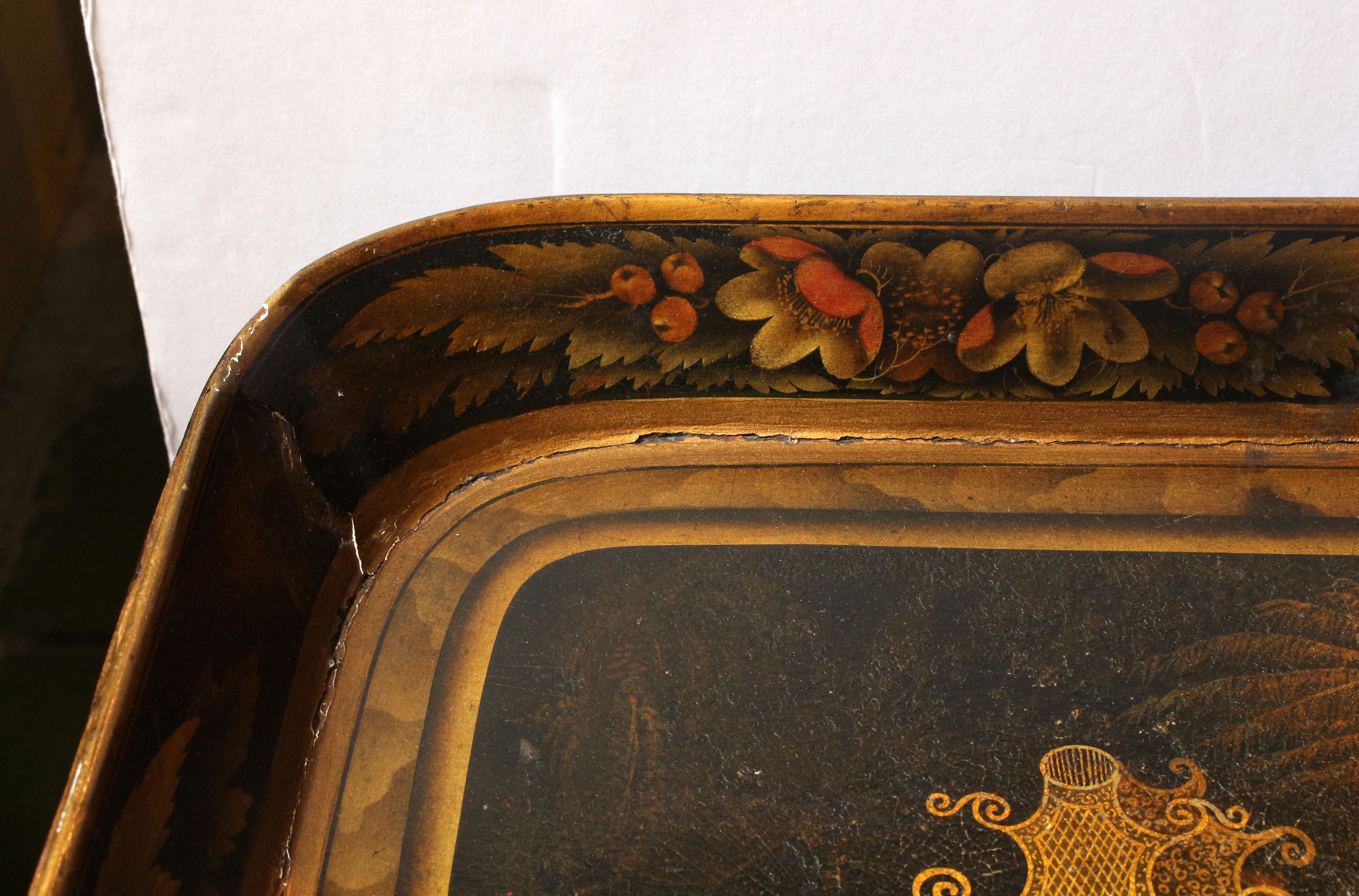 Faux Bamboo circa 1860s Papier Mache Tray on Coffee Table Stand For Sale