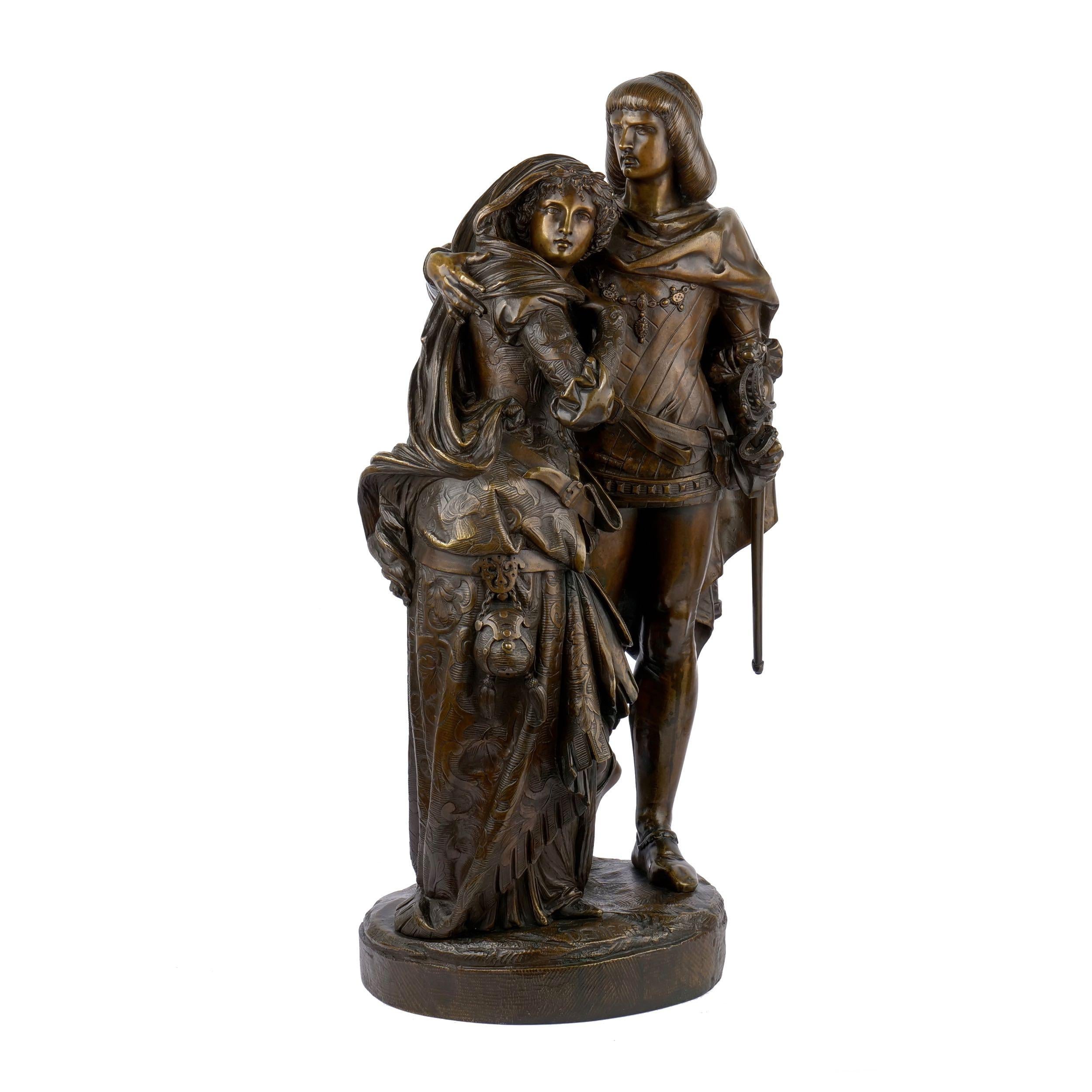 An extraordinarily well detailed and complex casting of Romeo and Juliet signed in the base DENIERE. The casting quality is simply exceptional with every tiny detail captured from the mold and replicated beautifully in the bronze, but of further