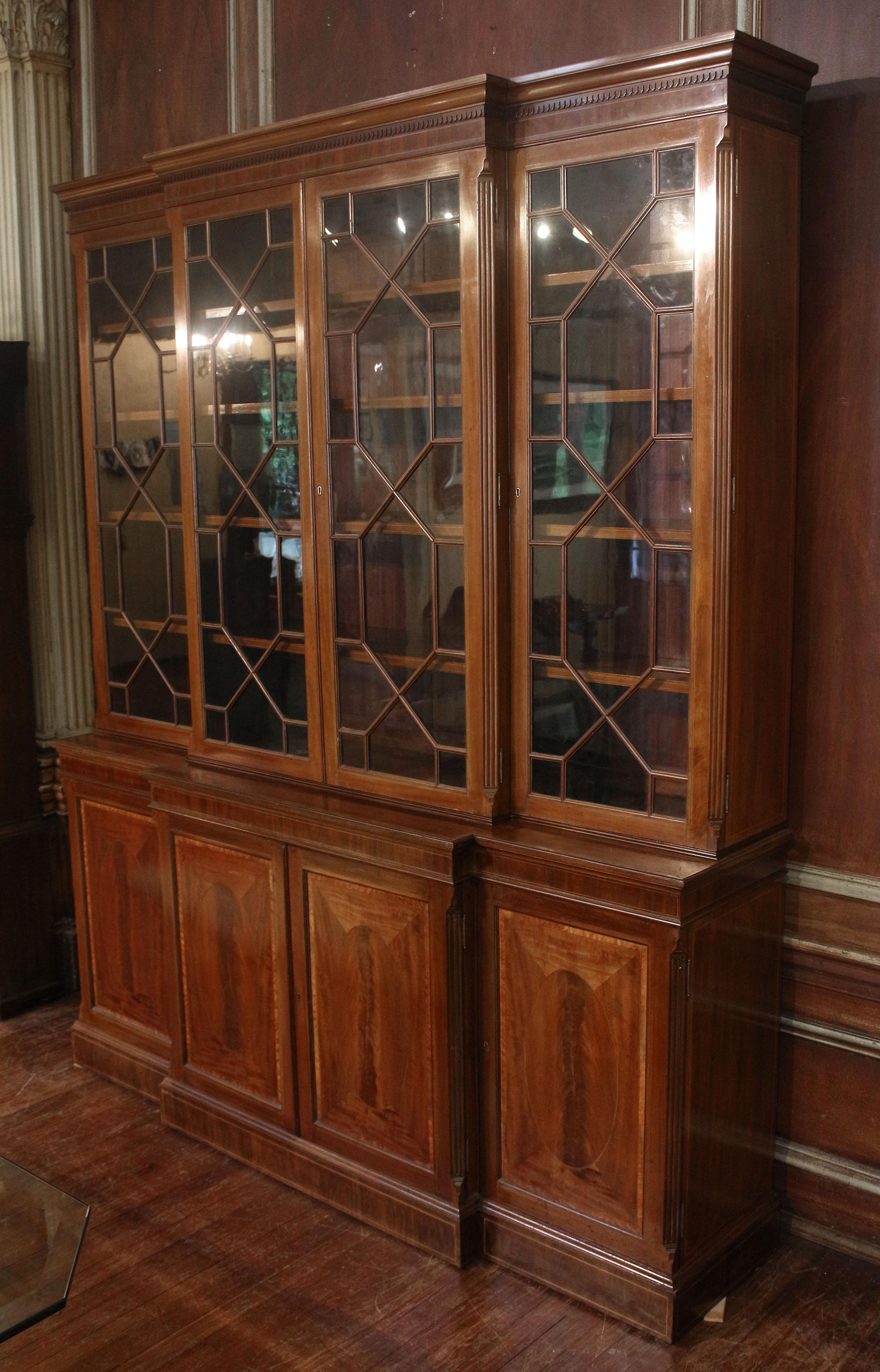 Circa 1860s Sheraton Revival English Breakfront Bookcase Cabinet In Good Condition In Chapel Hill, NC