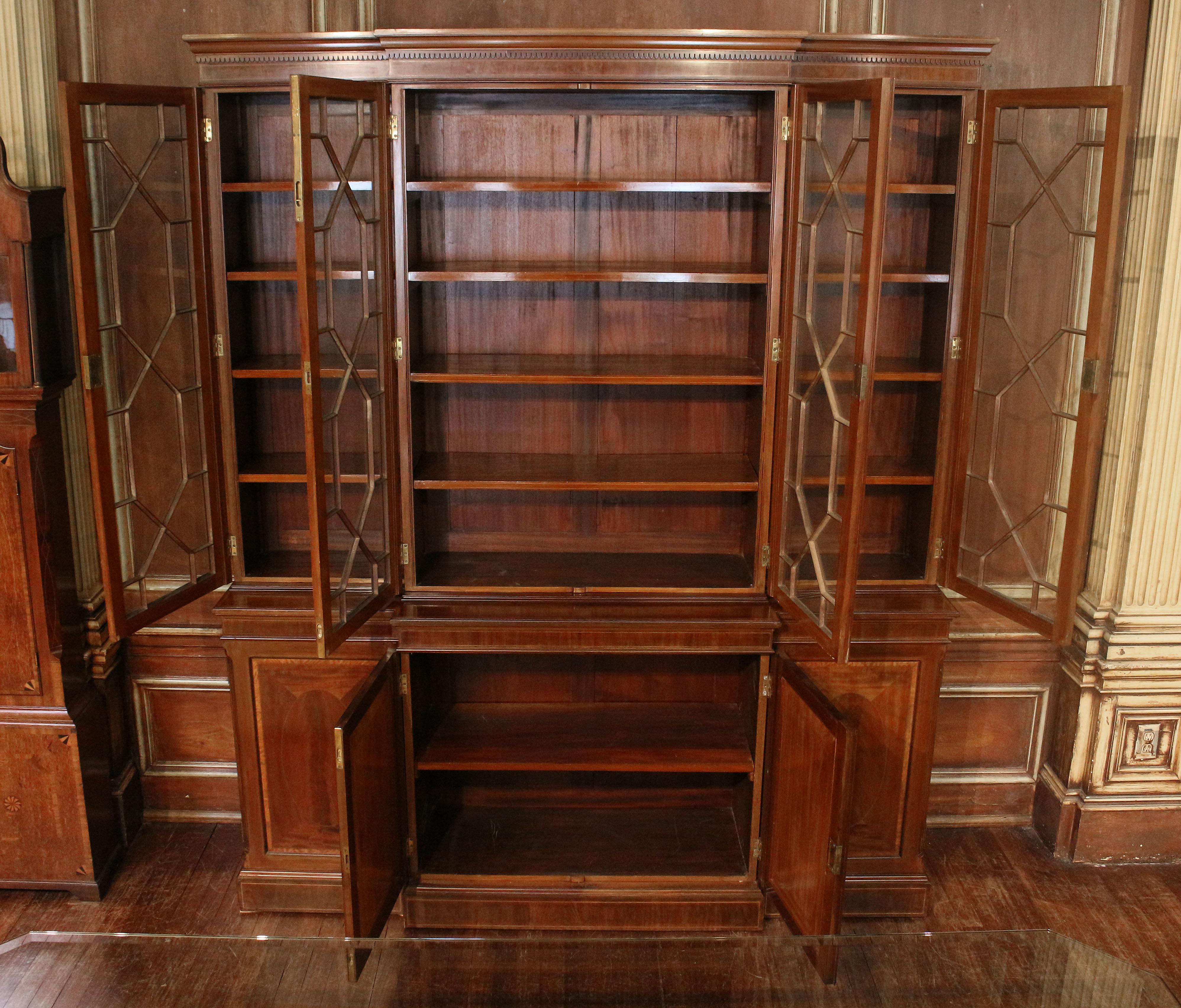 Mid-19th Century Circa 1860s Sheraton Revival English Breakfront Bookcase Cabinet