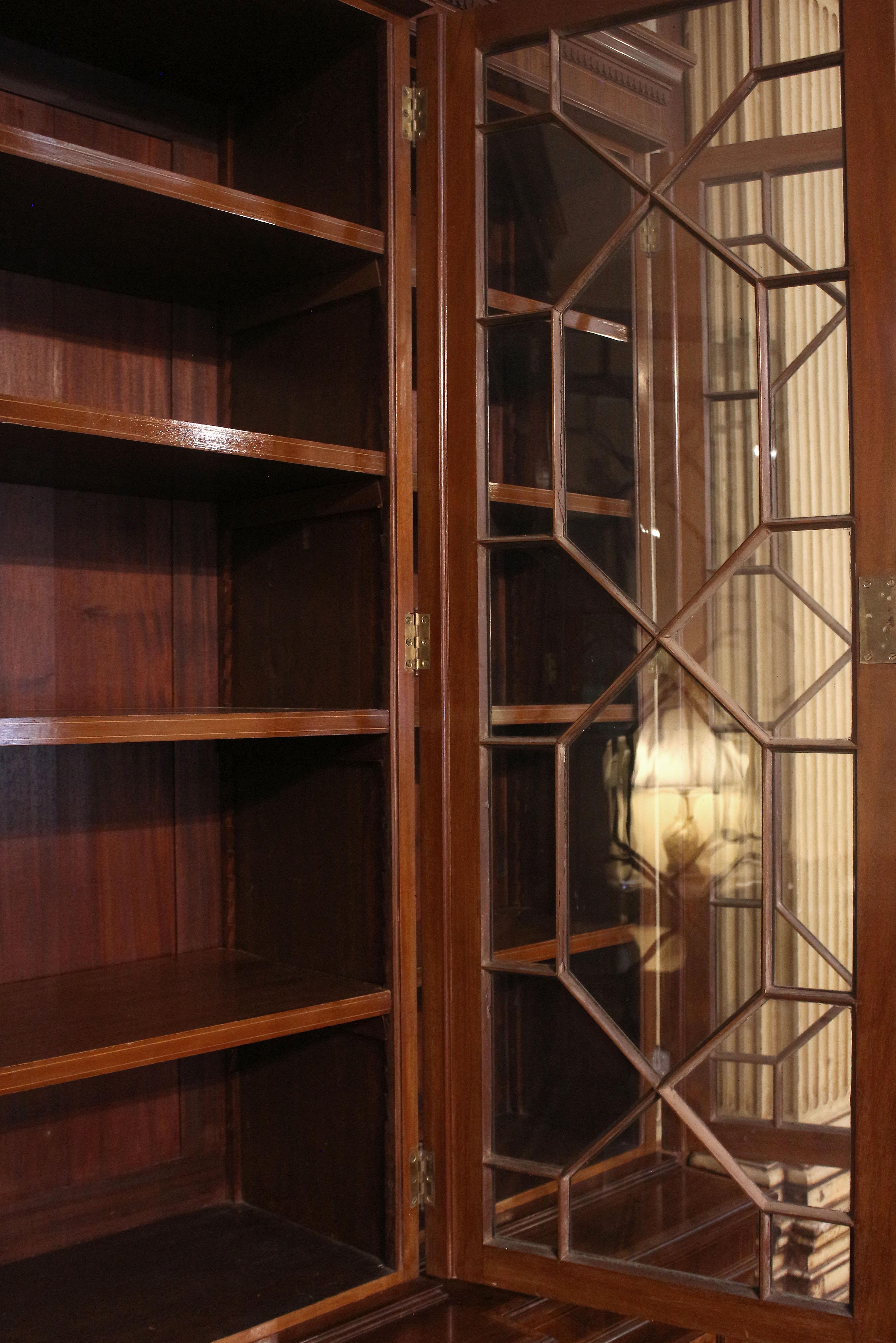 Wood Circa 1860s Sheraton Revival English Breakfront Bookcase Cabinet