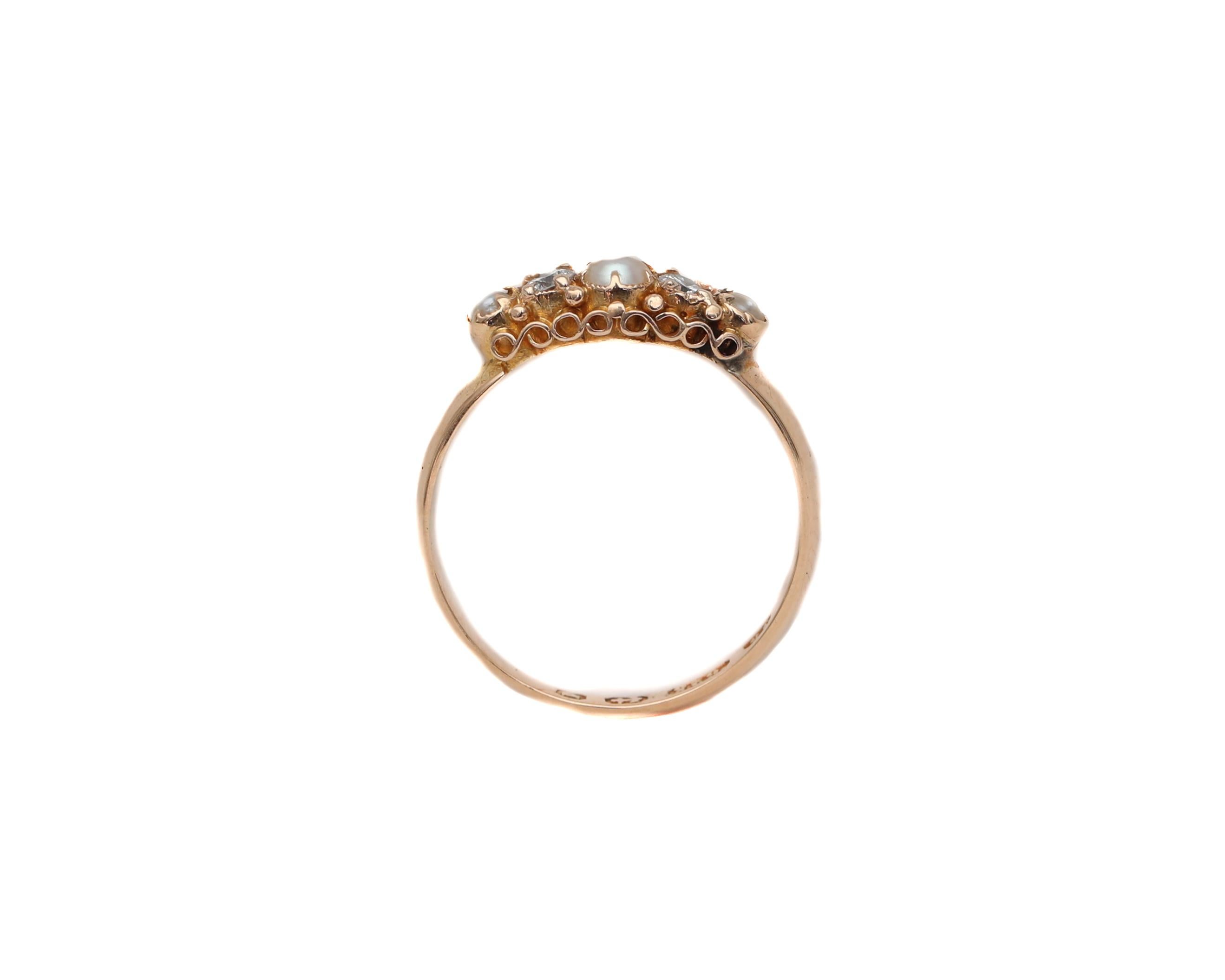 This Victorian beauty is crafted of 15 karat gold with an alternating pattern of pearls and accent diamonds. The british hallmarks indicate the piece was made in 1864! What a great opportunity to own a piece of history! Considering the ring was