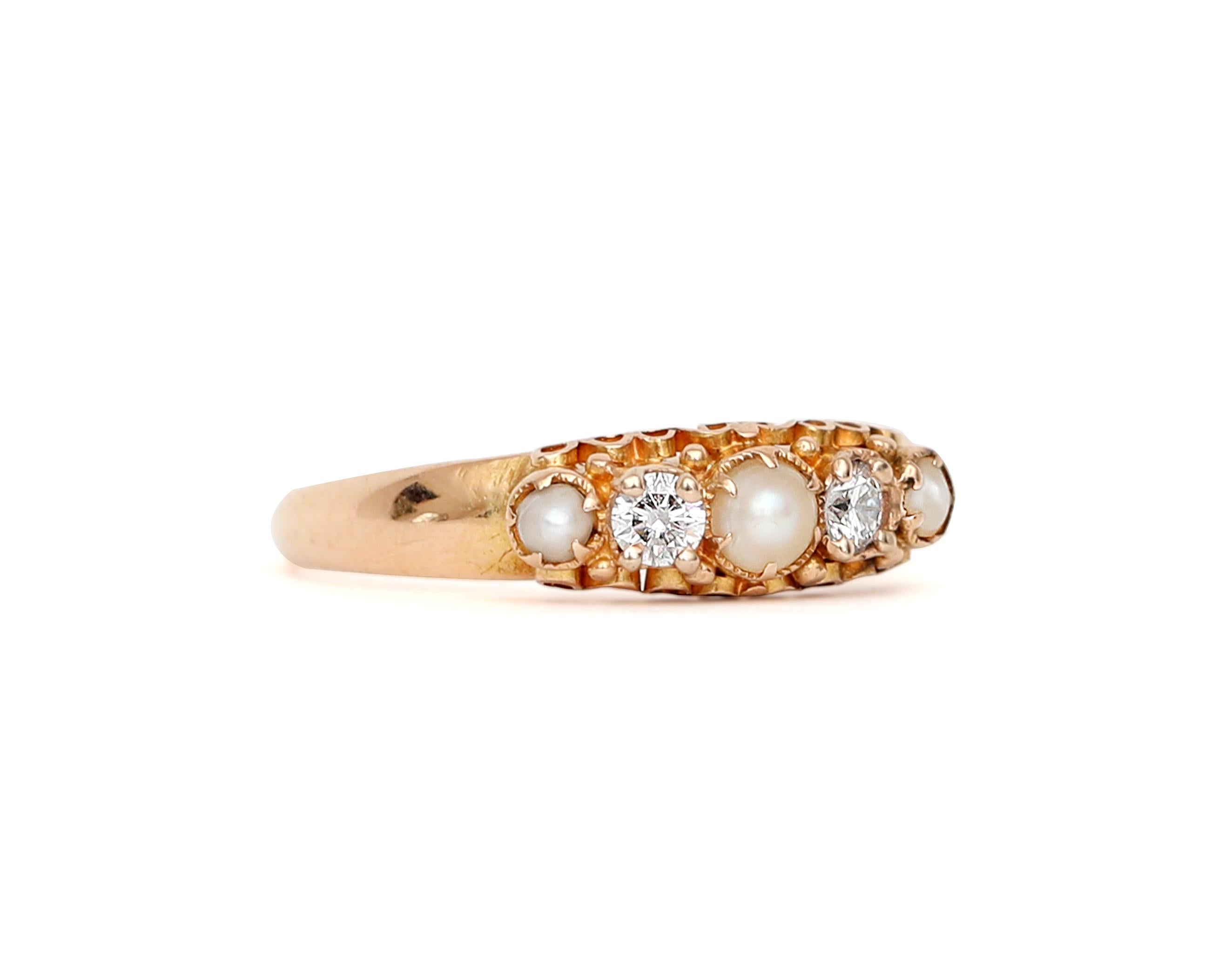 Round Cut British Victorian Pearl and Diamond Five-Stone Ring, circa 1864