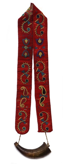 Ojibwe Beaded Powder Horn with Dyed Cloth Strap, Eastern Woodlands, c.1865