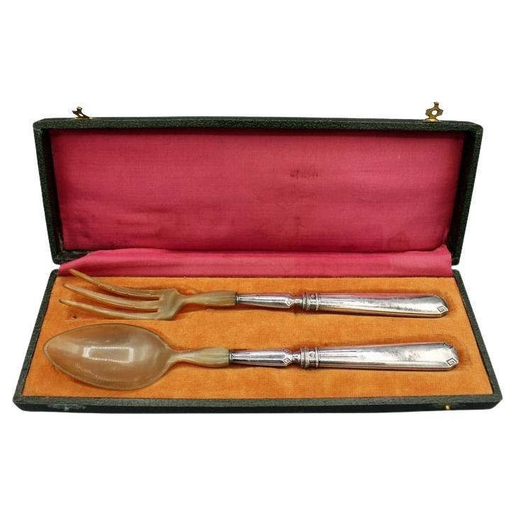 Circa 1870-80 Pair of French Silver & Horn Salad Servers For Sale