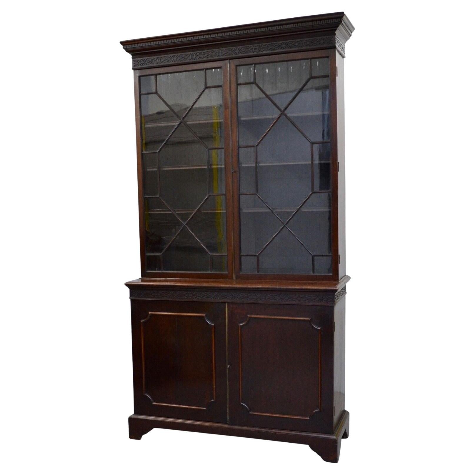 CIRCA 1870 CHIPPENDALE REVIVAL HARDWOOD BOOKCASE, MOULDED OUTSWEPT CORNiCE ABOVE For Sale