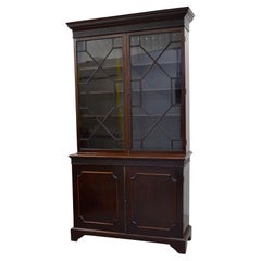 Antique CIRCA 1870 CHIPPENDALE REVIVAL HARDWOOD BOOKCASE, MOULDED OUTSWEPT CORNiCE ABOVE