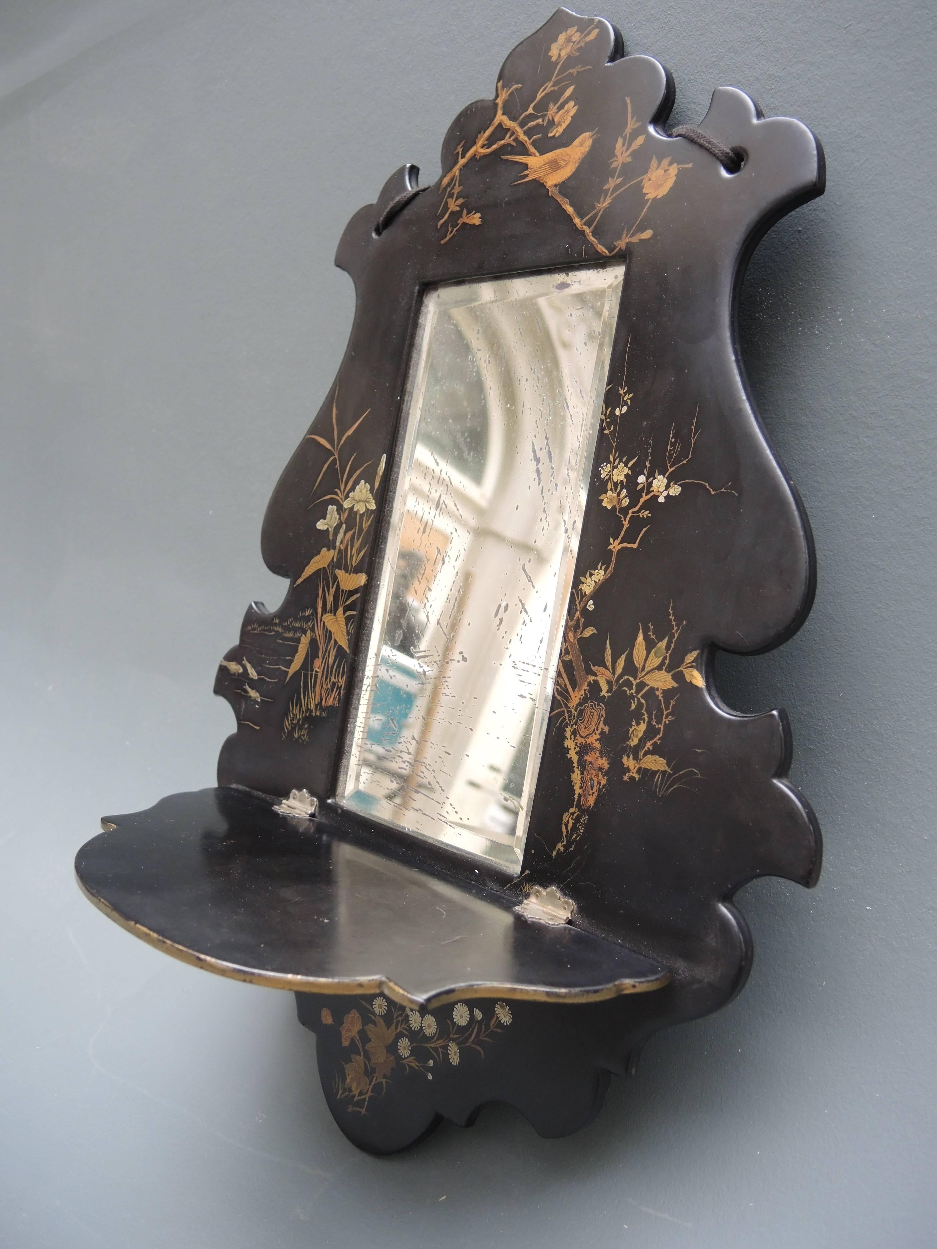 19th Century Circa 1870 French Black Chinoiserie  Papier Mâché Wall Bracket Mirror For Sale