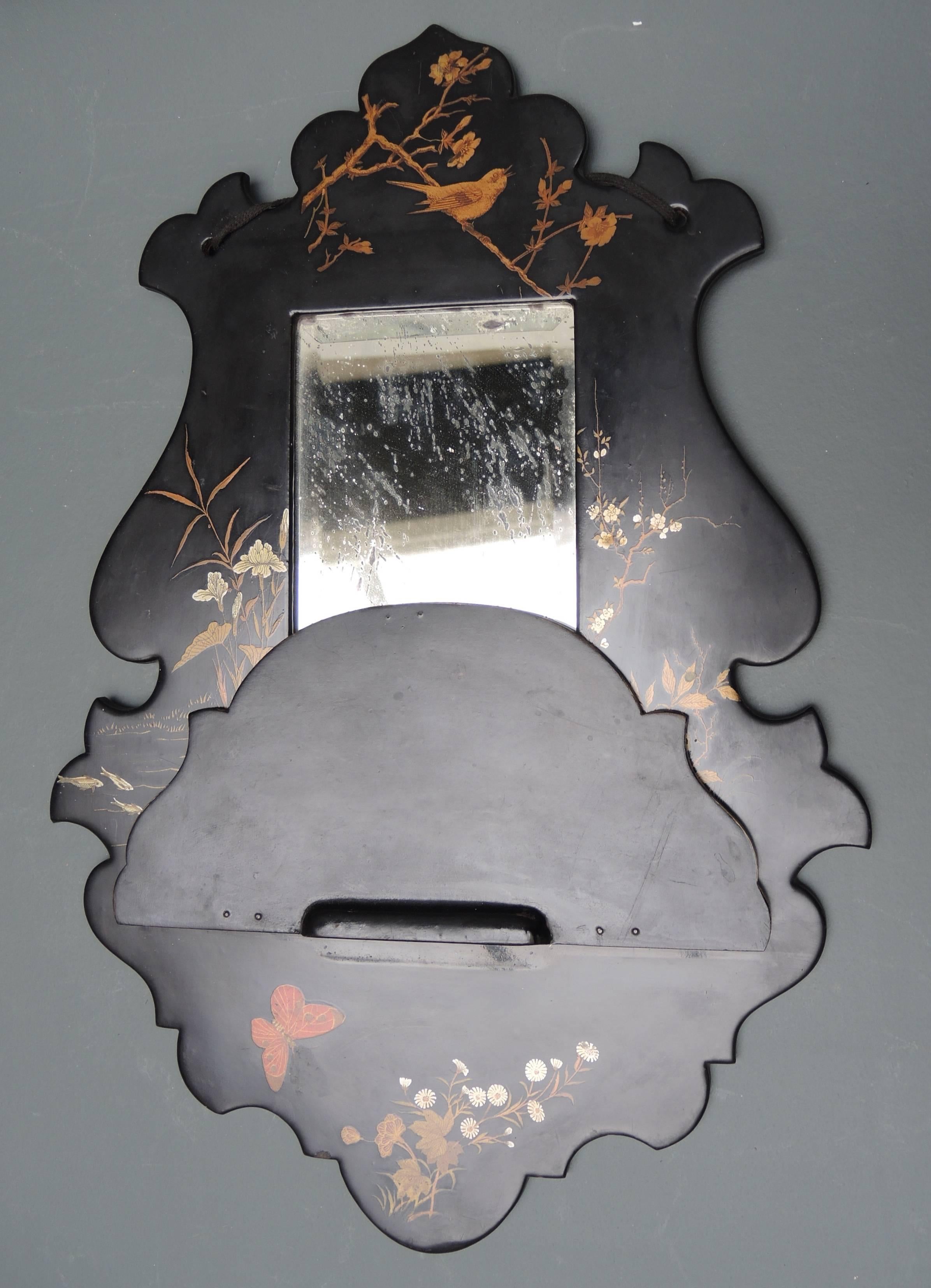 Wood Circa 1870 French Black Chinoiserie  Papier Mâché Wall Bracket Mirror For Sale