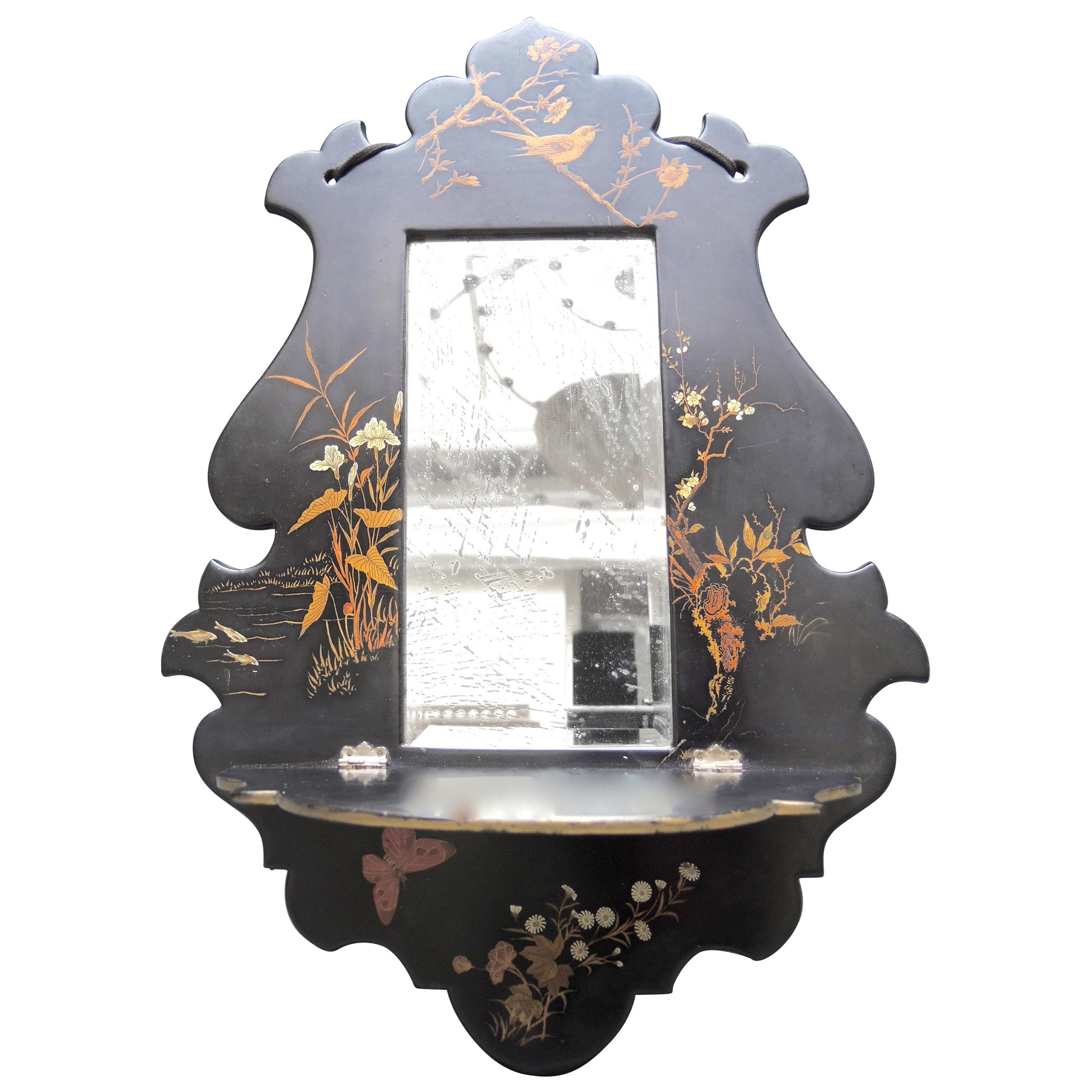 Circa 1870 French Black Chinoiserie  Papier Mâché Wall Bracket Mirror For Sale