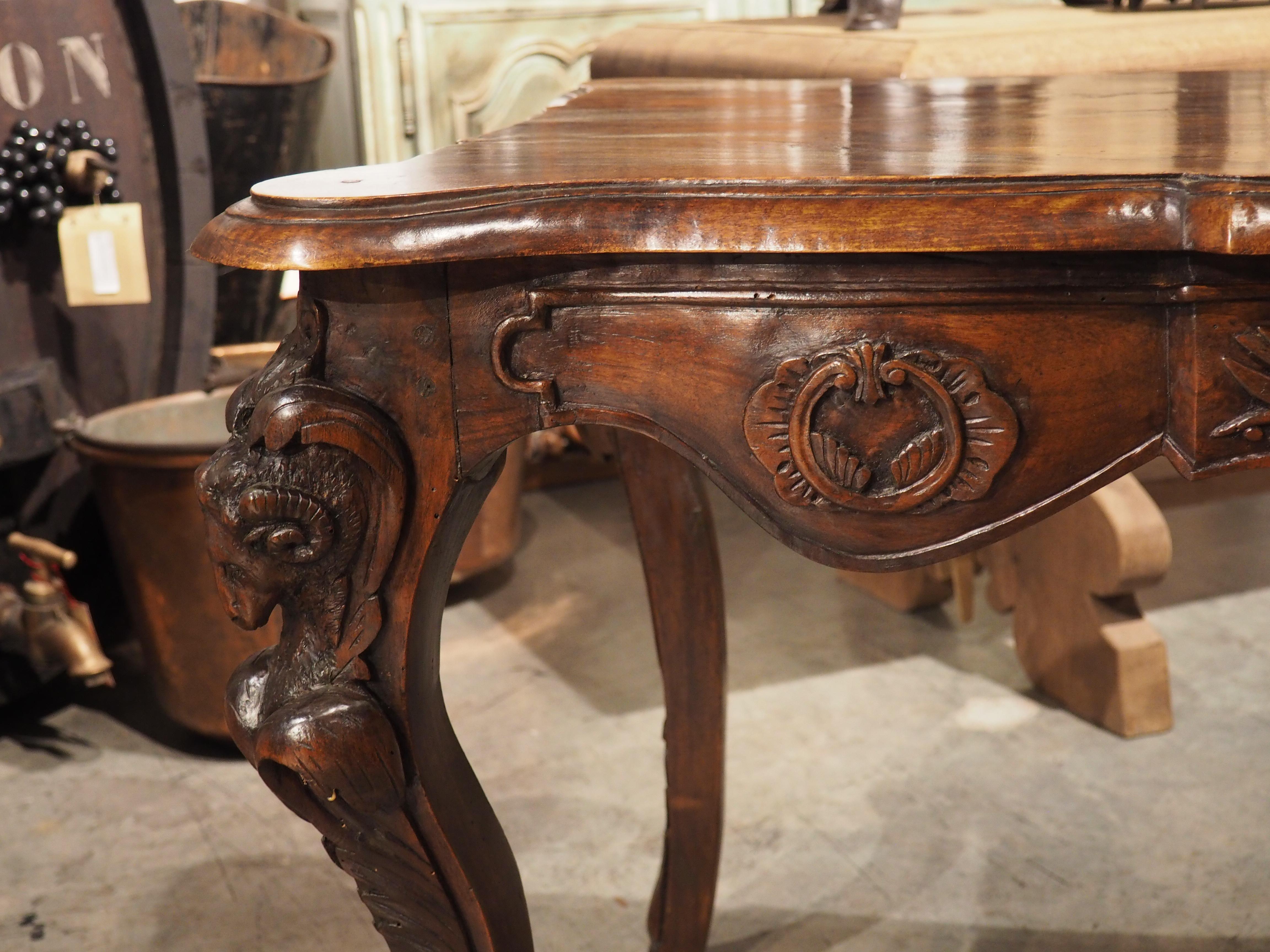 Circa 1870 French Walnut Wood Center Table with Rams' Heads and Fleur De Lys For Sale 4