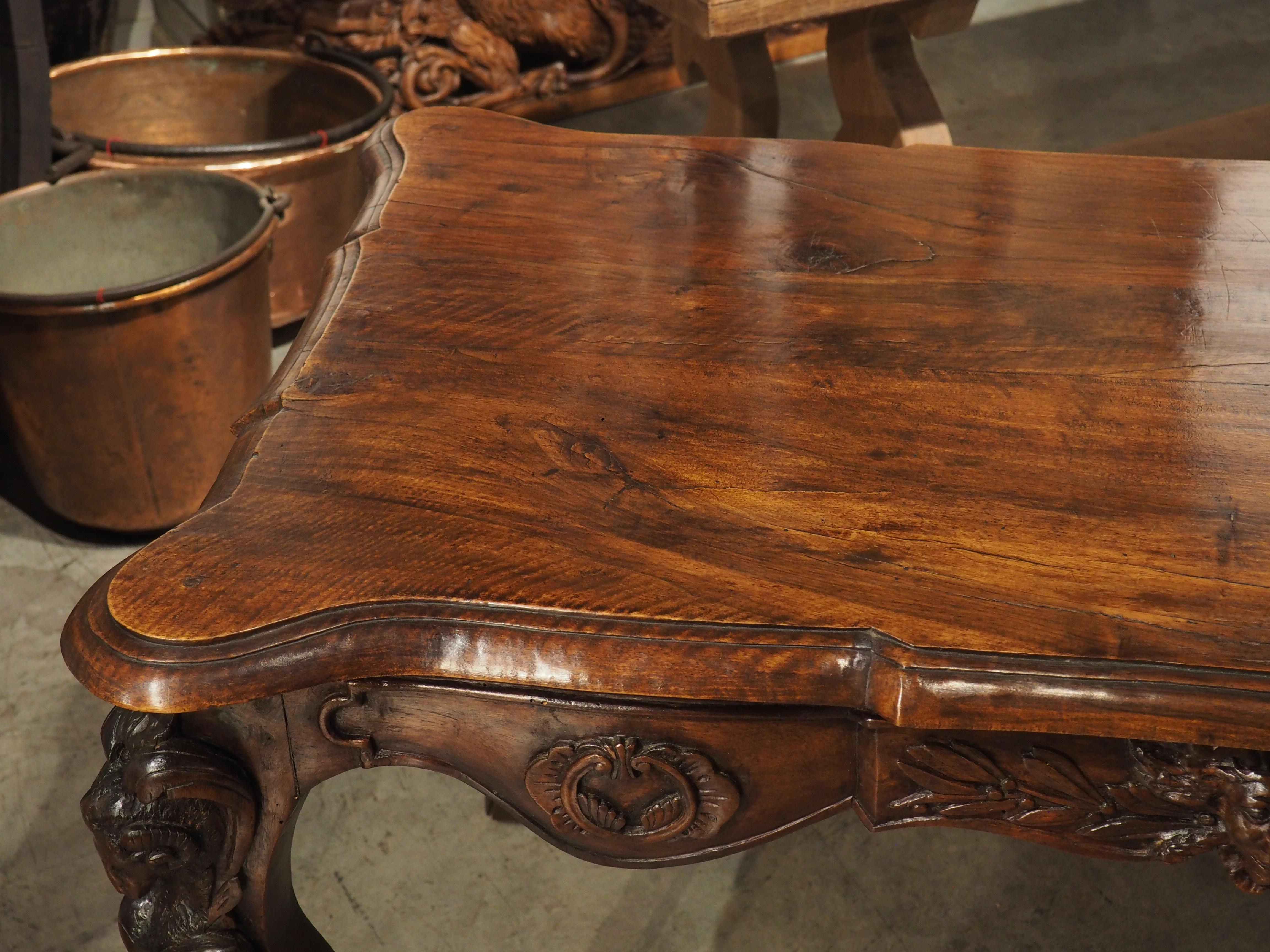 Circa 1870 French Walnut Wood Center Table with Rams' Heads and Fleur De Lys For Sale 5