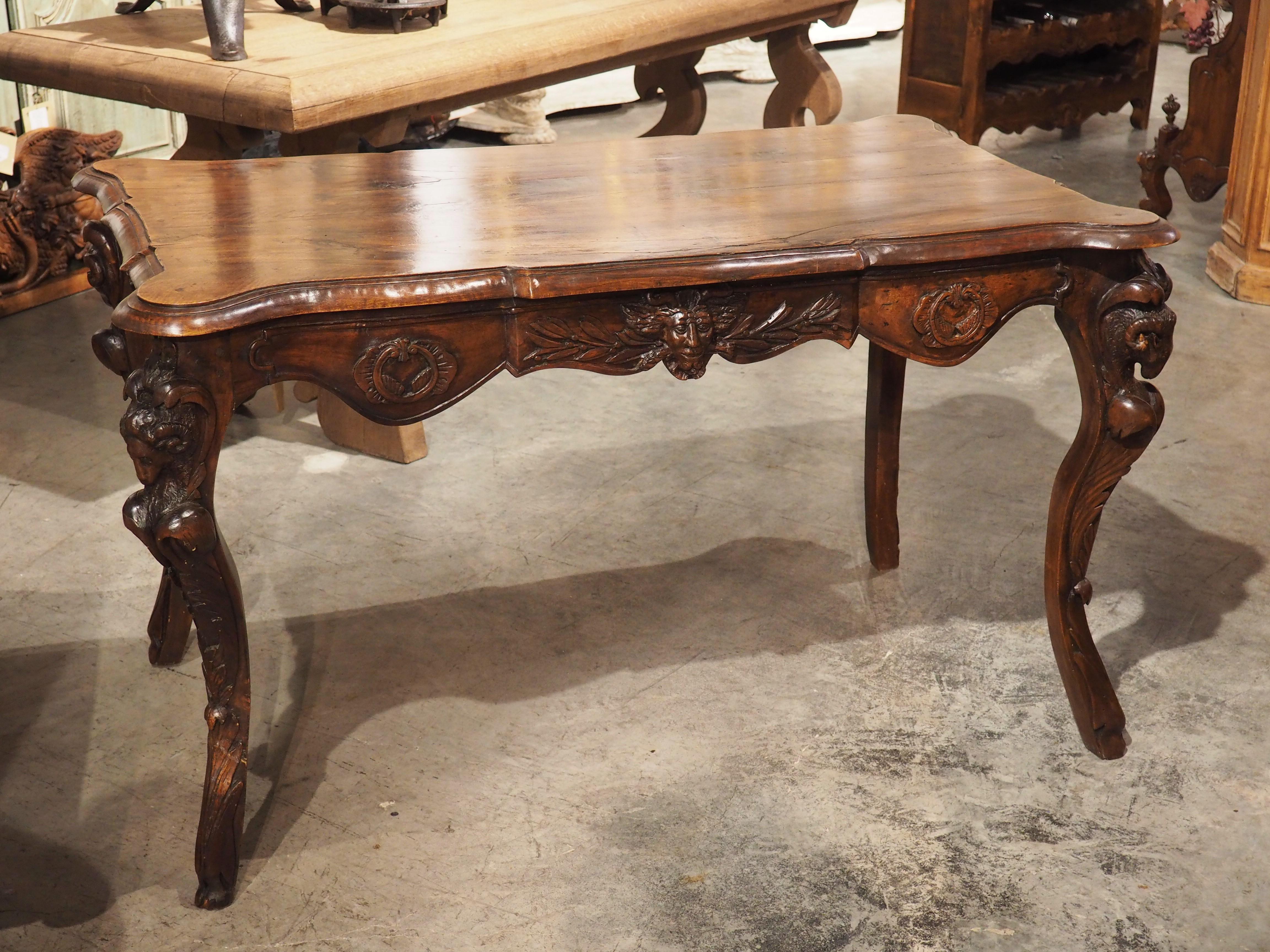 Circa 1870 French Walnut Wood Center Table with Rams' Heads and Fleur De Lys For Sale 6