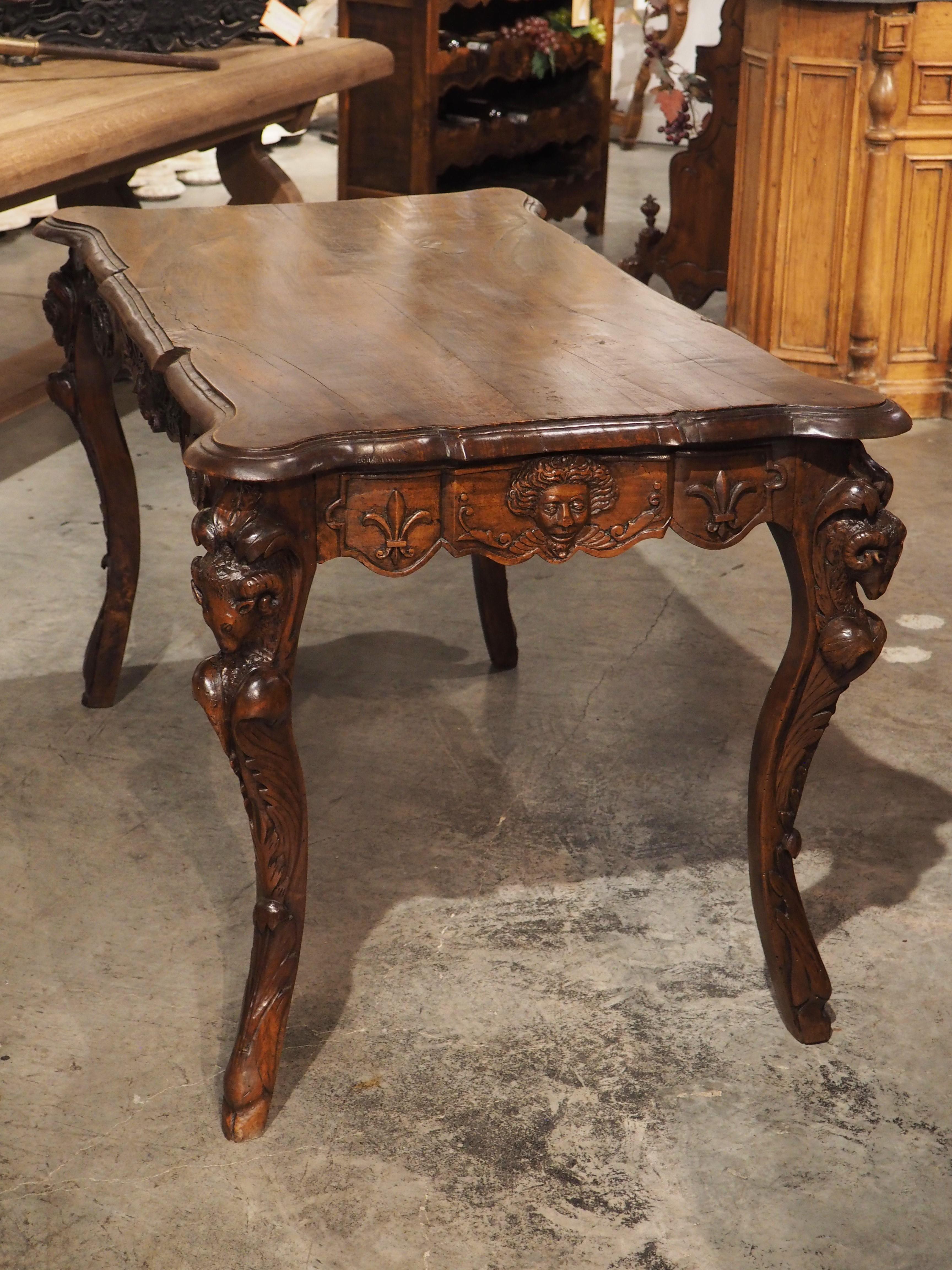 Circa 1870 French Walnut Wood Center Table with Rams' Heads and Fleur De Lys For Sale 7