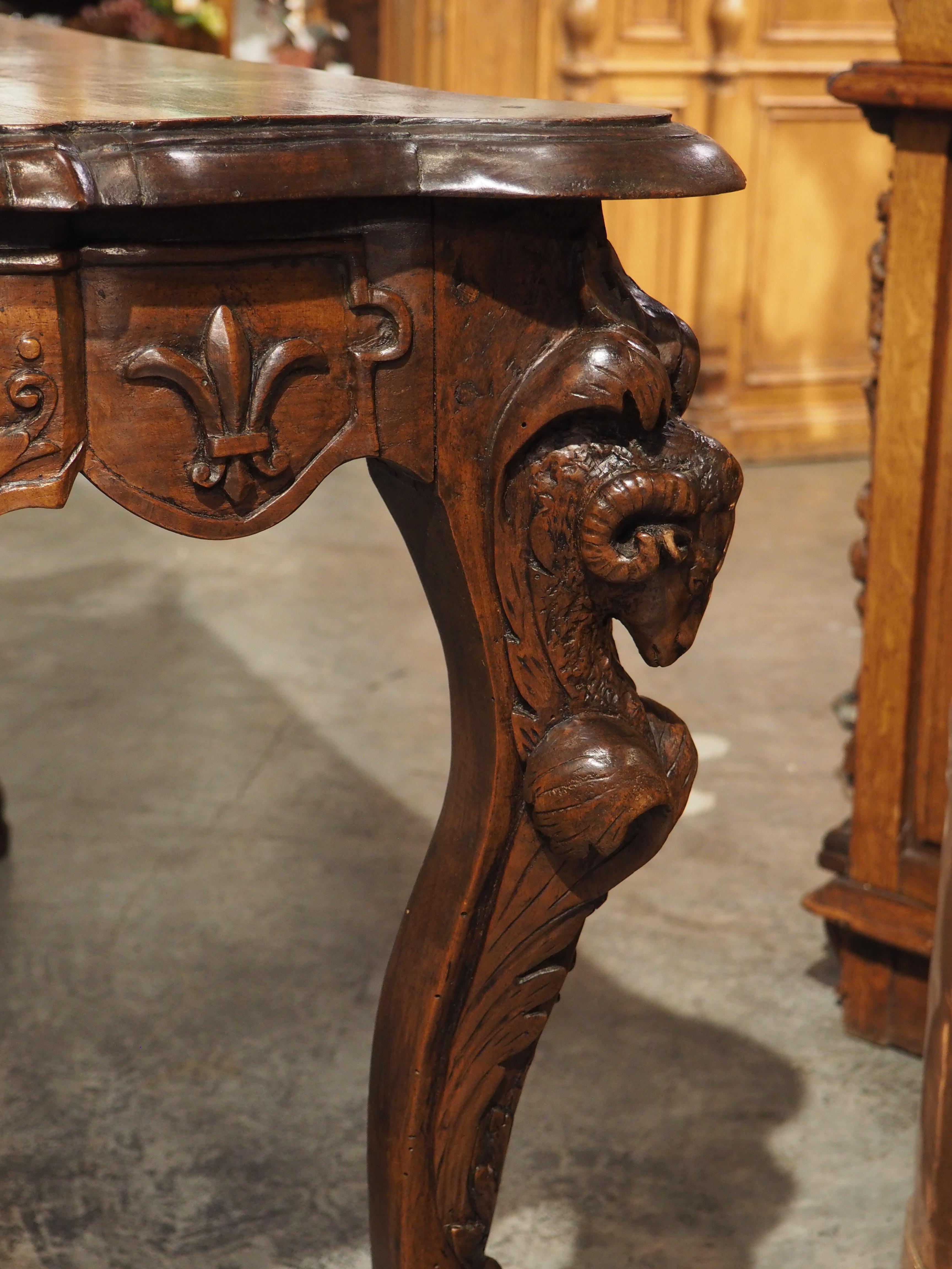 Circa 1870 French Walnut Wood Center Table with Rams' Heads and Fleur De Lys For Sale 8