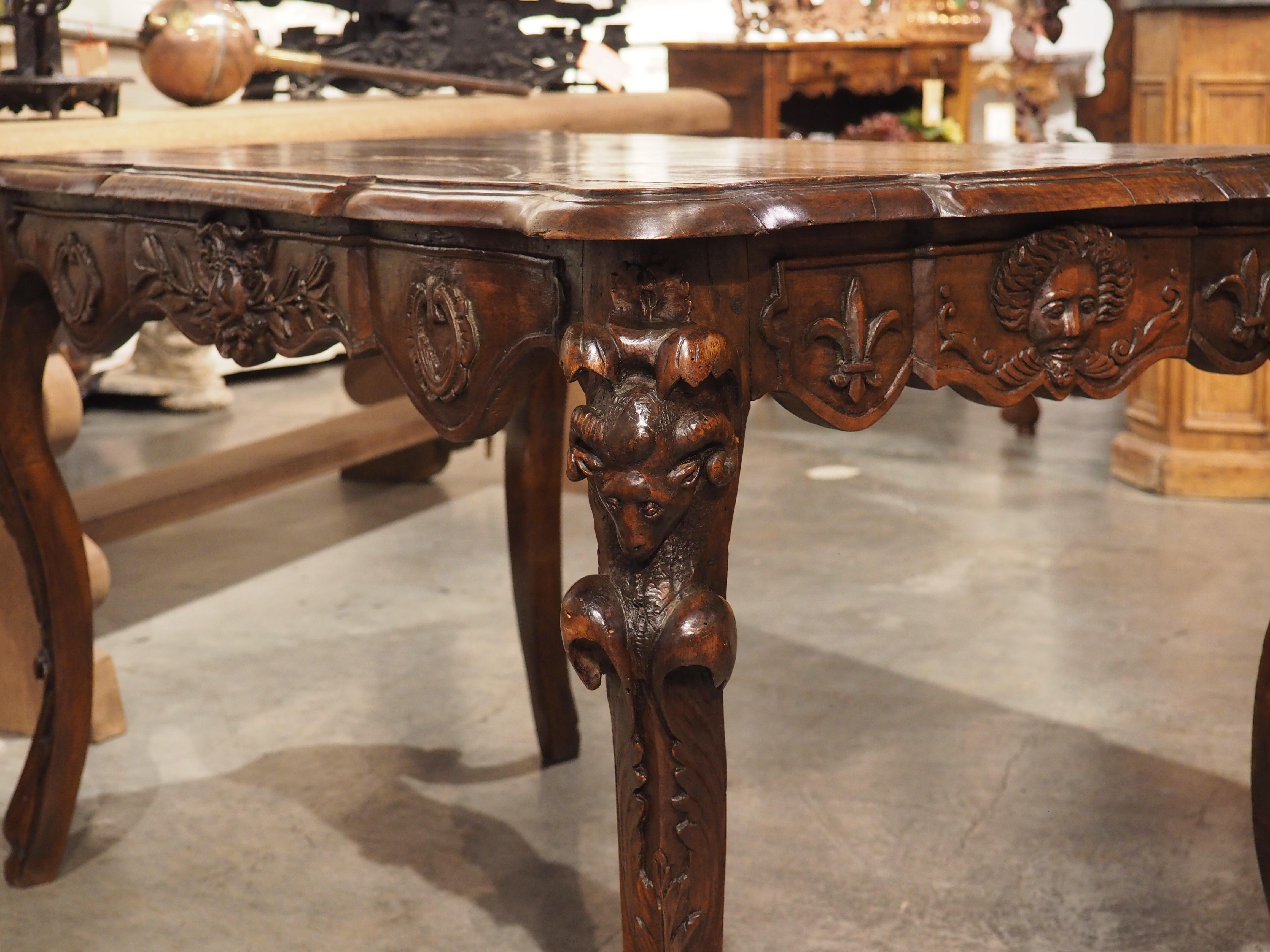 Circa 1870 French Walnut Wood Center Table with Rams' Heads and Fleur De Lys For Sale 12