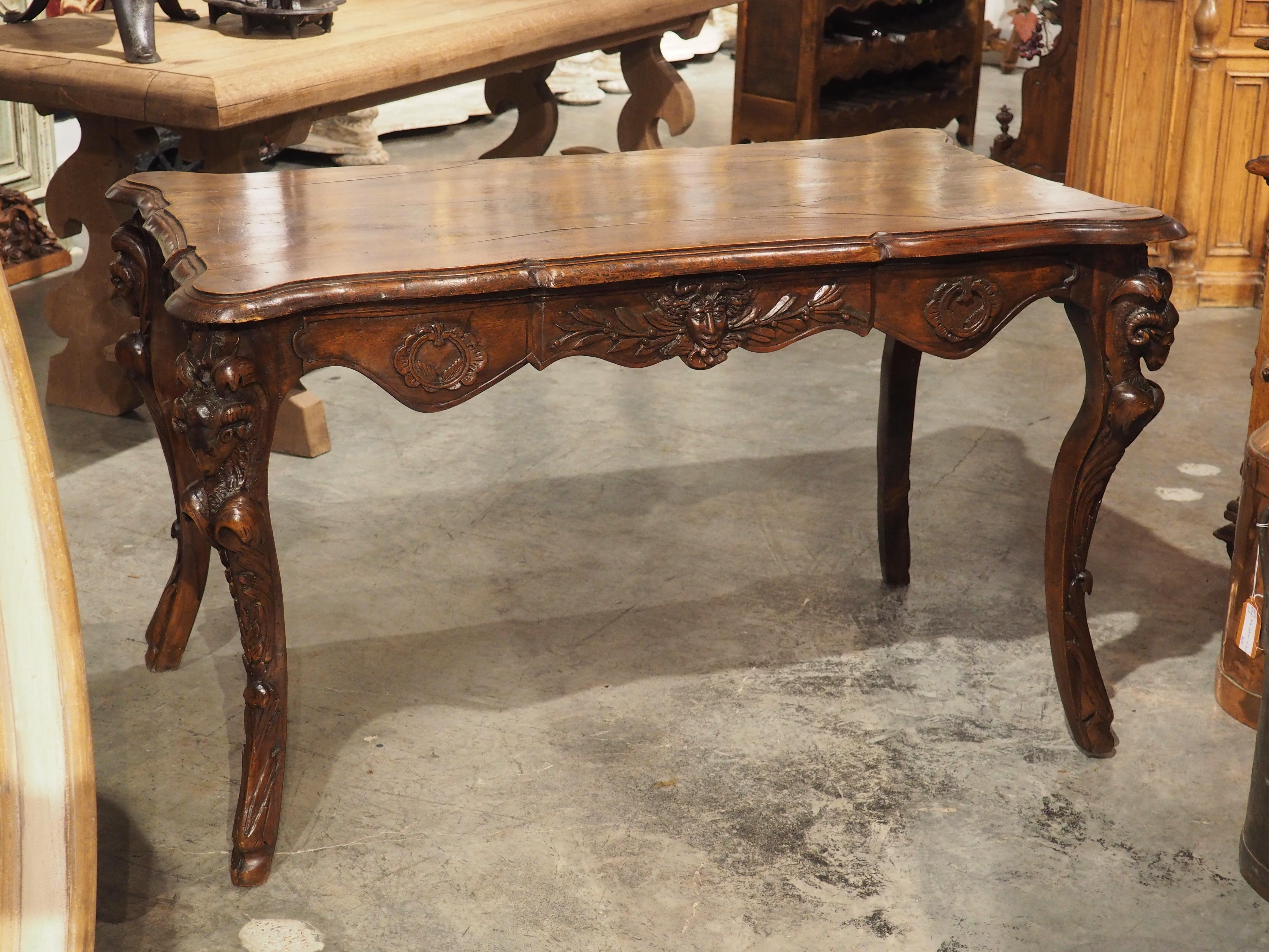 Circa 1870 French Walnut Wood Center Table with Rams' Heads and Fleur De Lys For Sale 14
