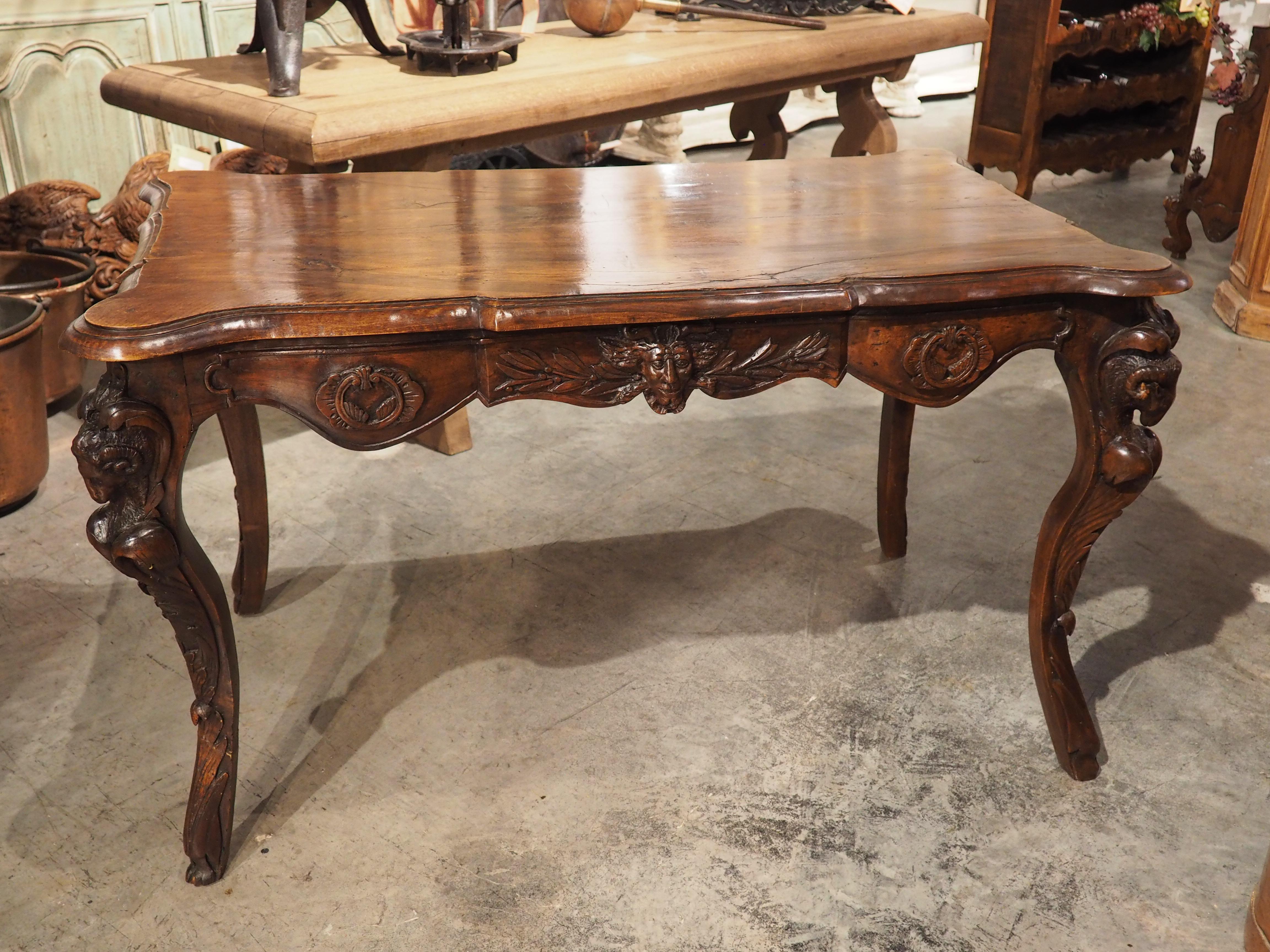 Circa 1870 French Walnut Wood Center Table with Rams' Heads and Fleur De Lys For Sale 1